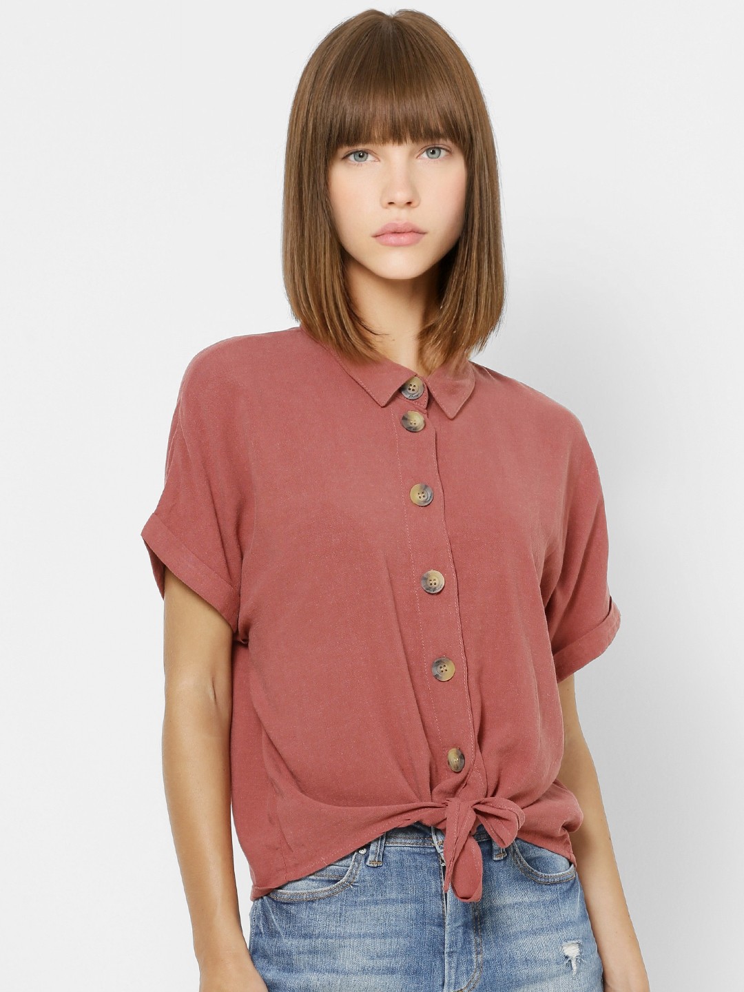 

ONLY Women Pink Slim Fit Solid Casual Shirt with Tie-Up Detail