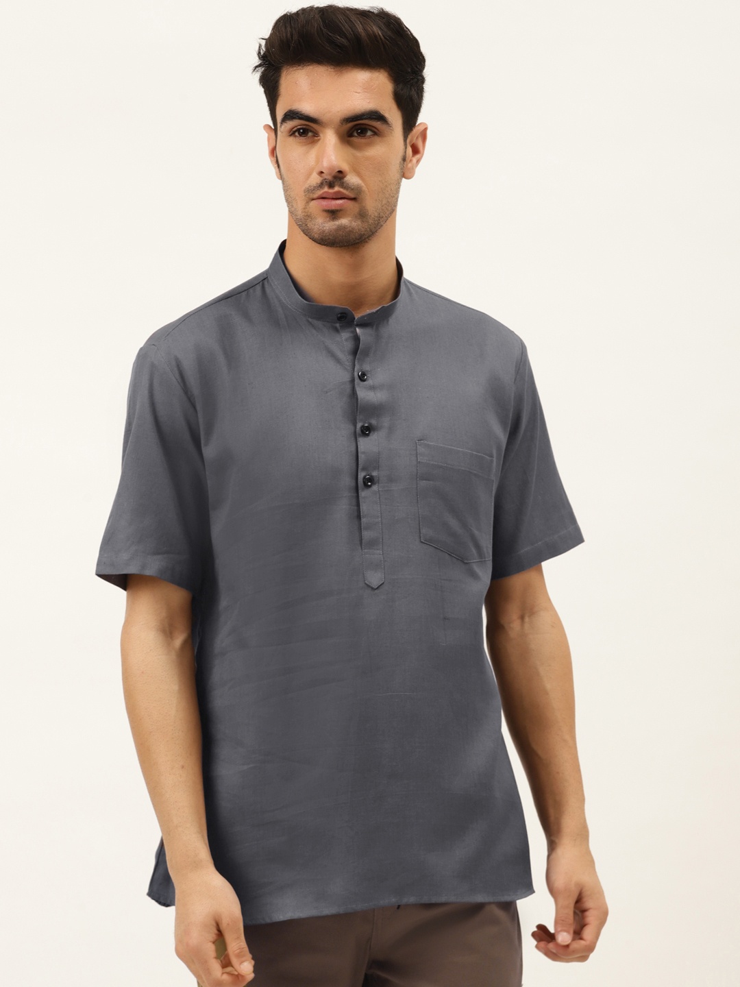 

RAJUBHAI HARGOVINDAS Men Charcoal Grey Solid Straight Kurta
