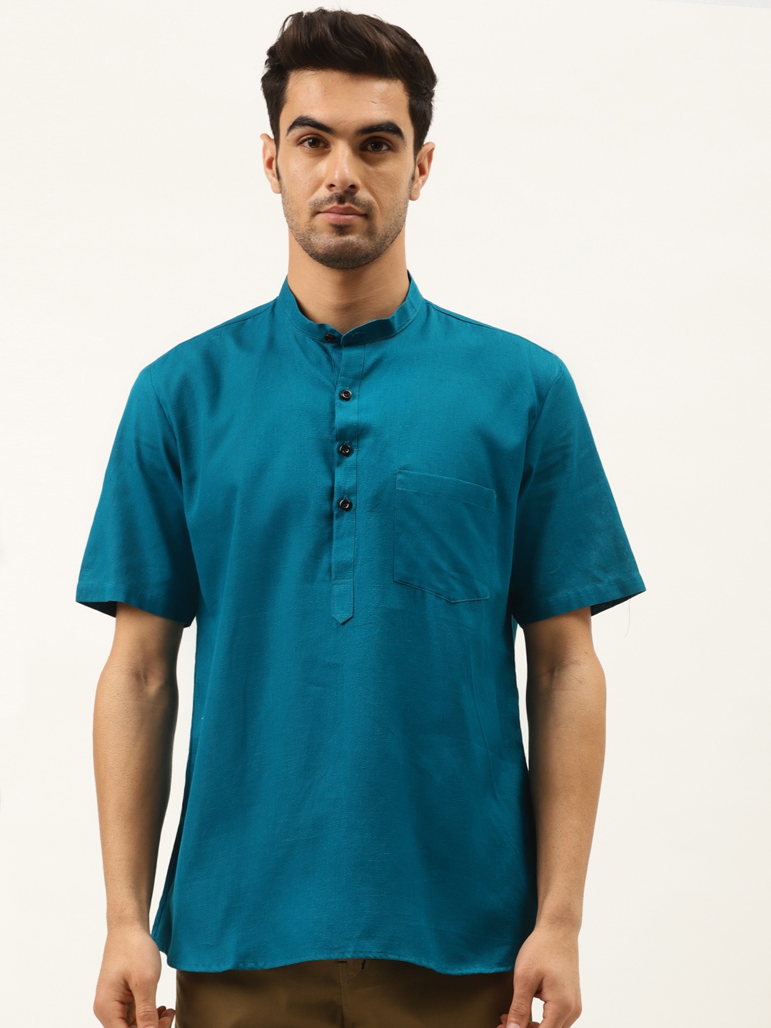 

RAJUBHAI HARGOVINDAS Men Teal Blue Solid Straight Kurta