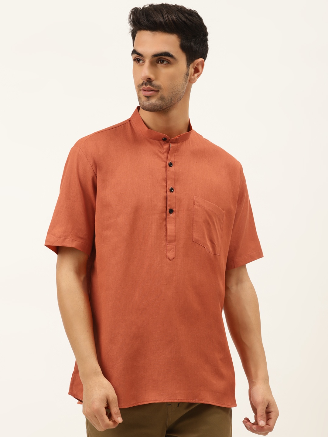 

RAJUBHAI HARGOVINDAS Men Rust Orange Solid Straight Kurta