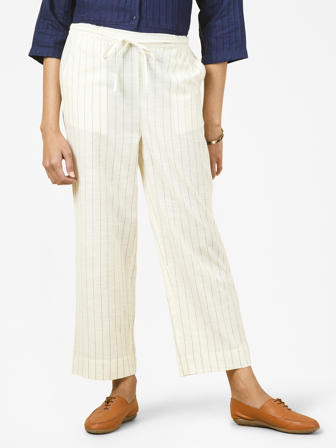 

Fabindia Women Off-White & Black Striped Pure Cotton Straight Palazzos