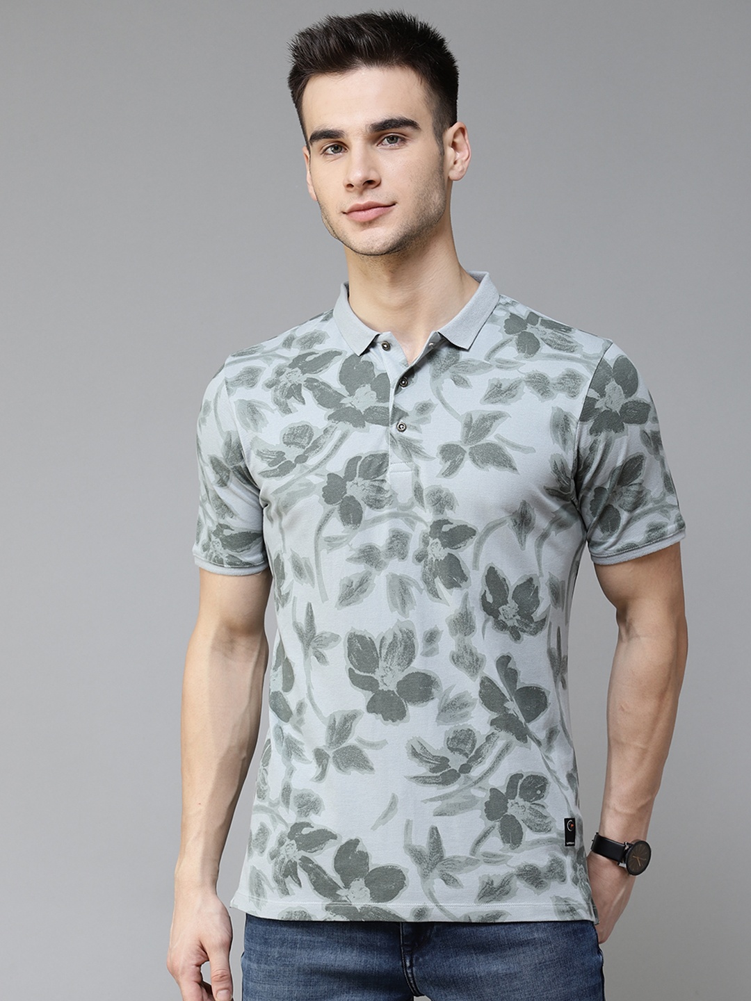 

Blackberrys Men Green & Charcoal Grey Pure Cotton Printed Polo Collar T-shirt