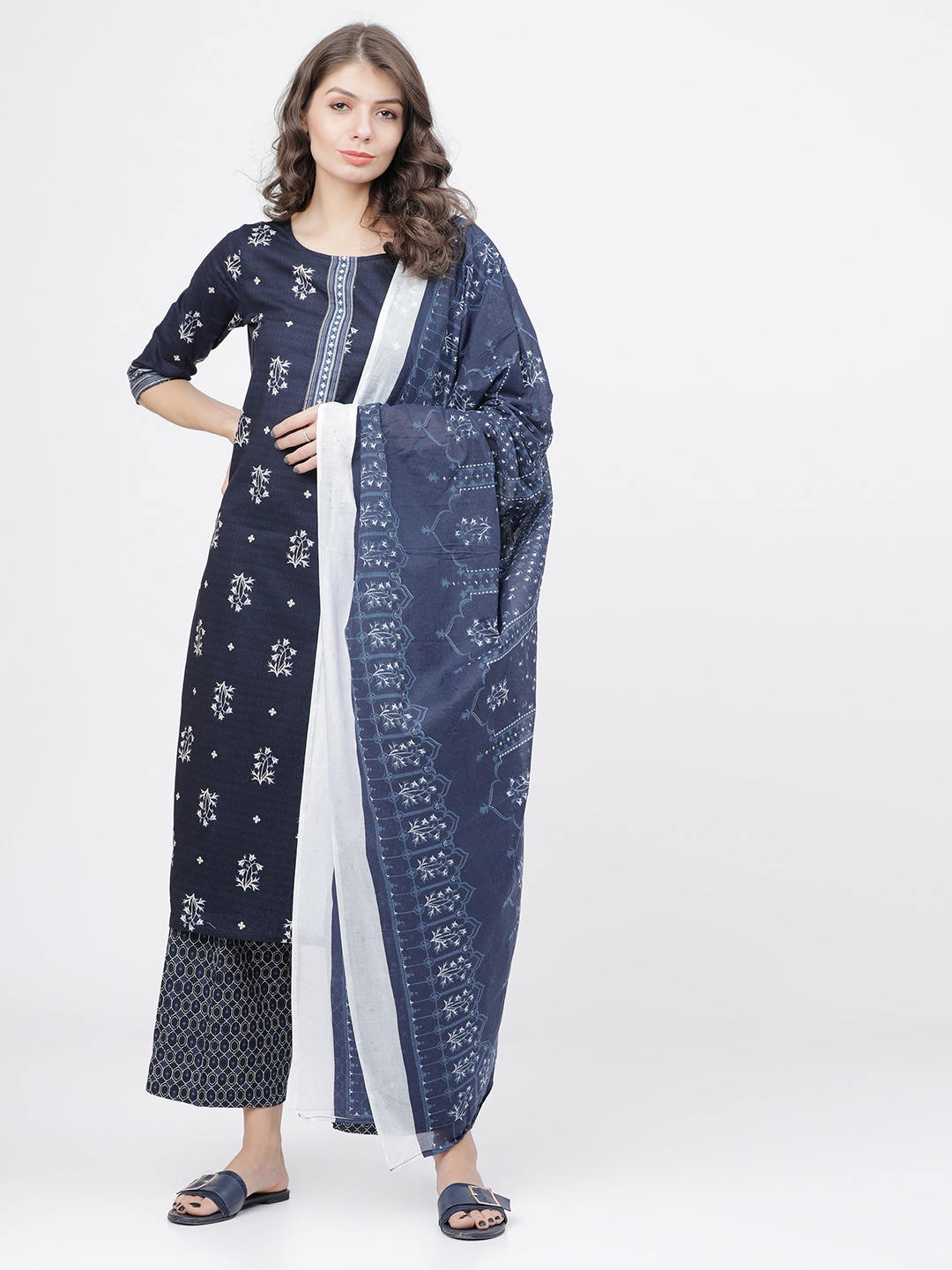 

Vishudh Women Navy Blue & Off-White Printed Kurta with Palazzos & Dupatta