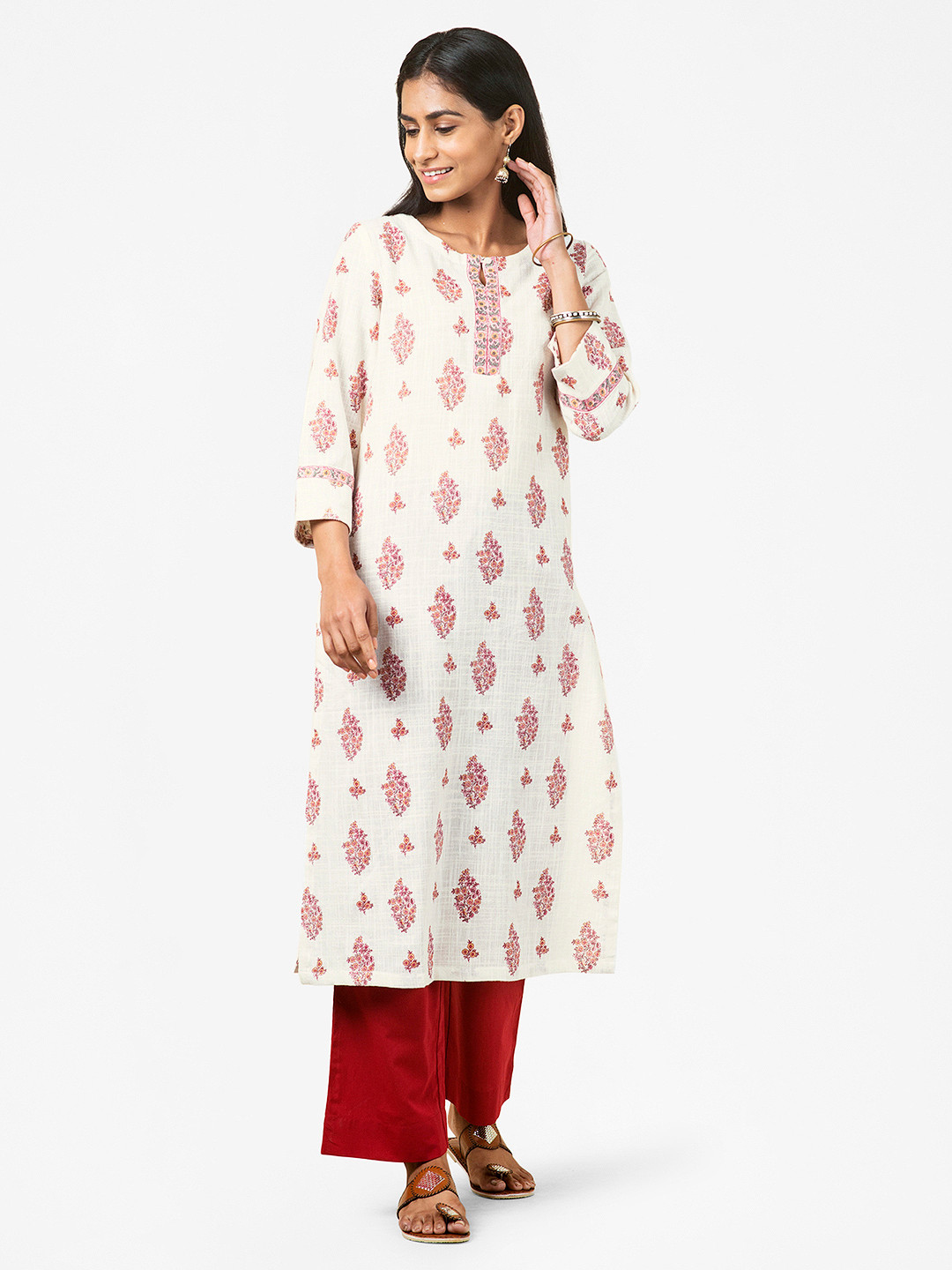 

Fabindia Women White & Red Hand Block Printed Pure Cotton Dobby Straight Kurta