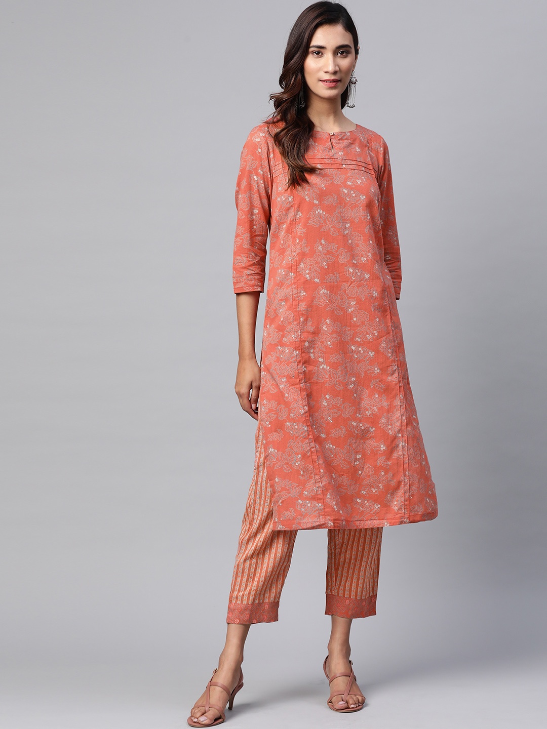 

Fabindia Women Coral Orange & Teal Blue Printed Pure Cotton Kurta with Trousers
