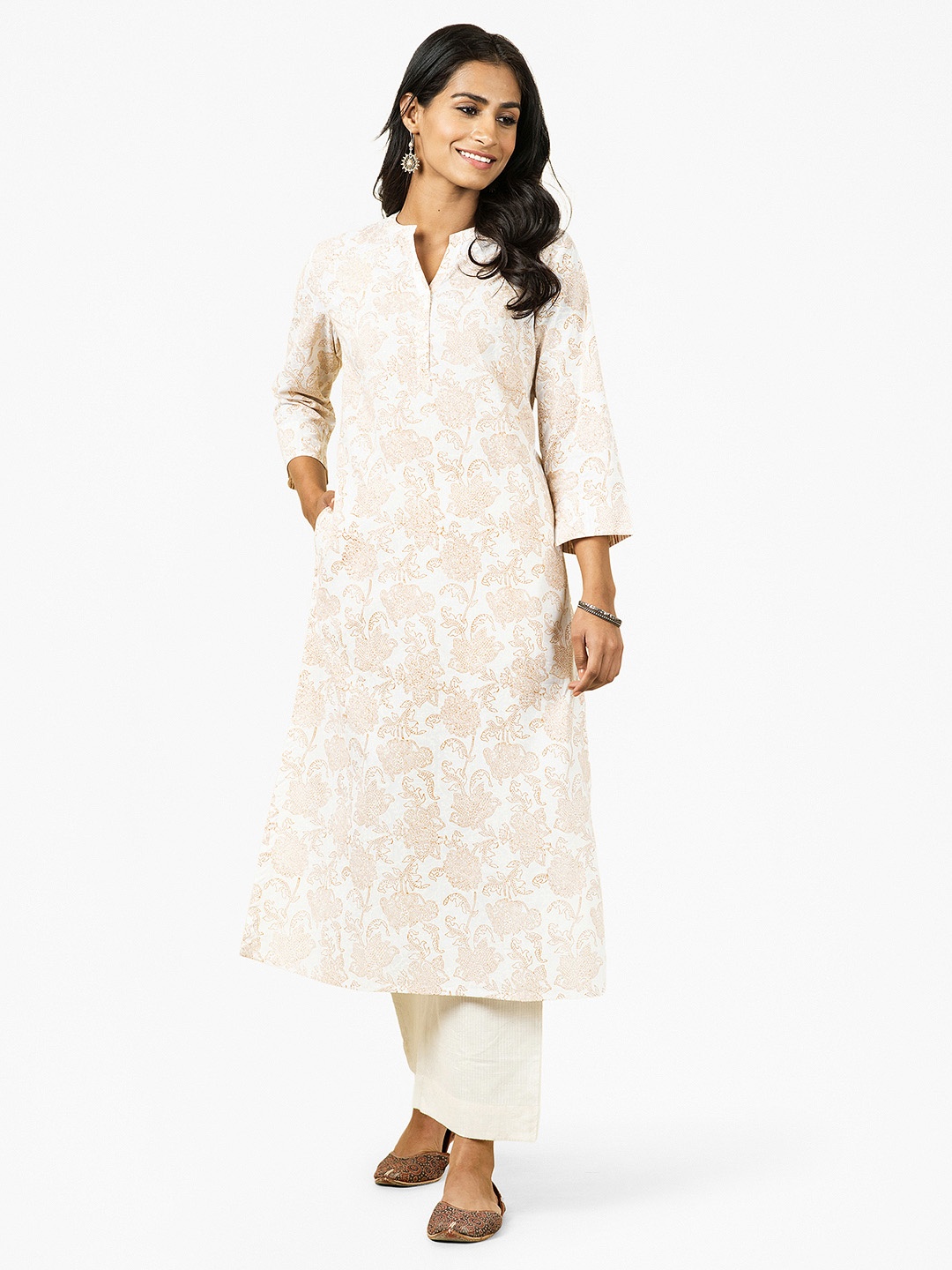 Fabindia Women White & Beige Hand Block Printed Pure Cotton Straight Kurta