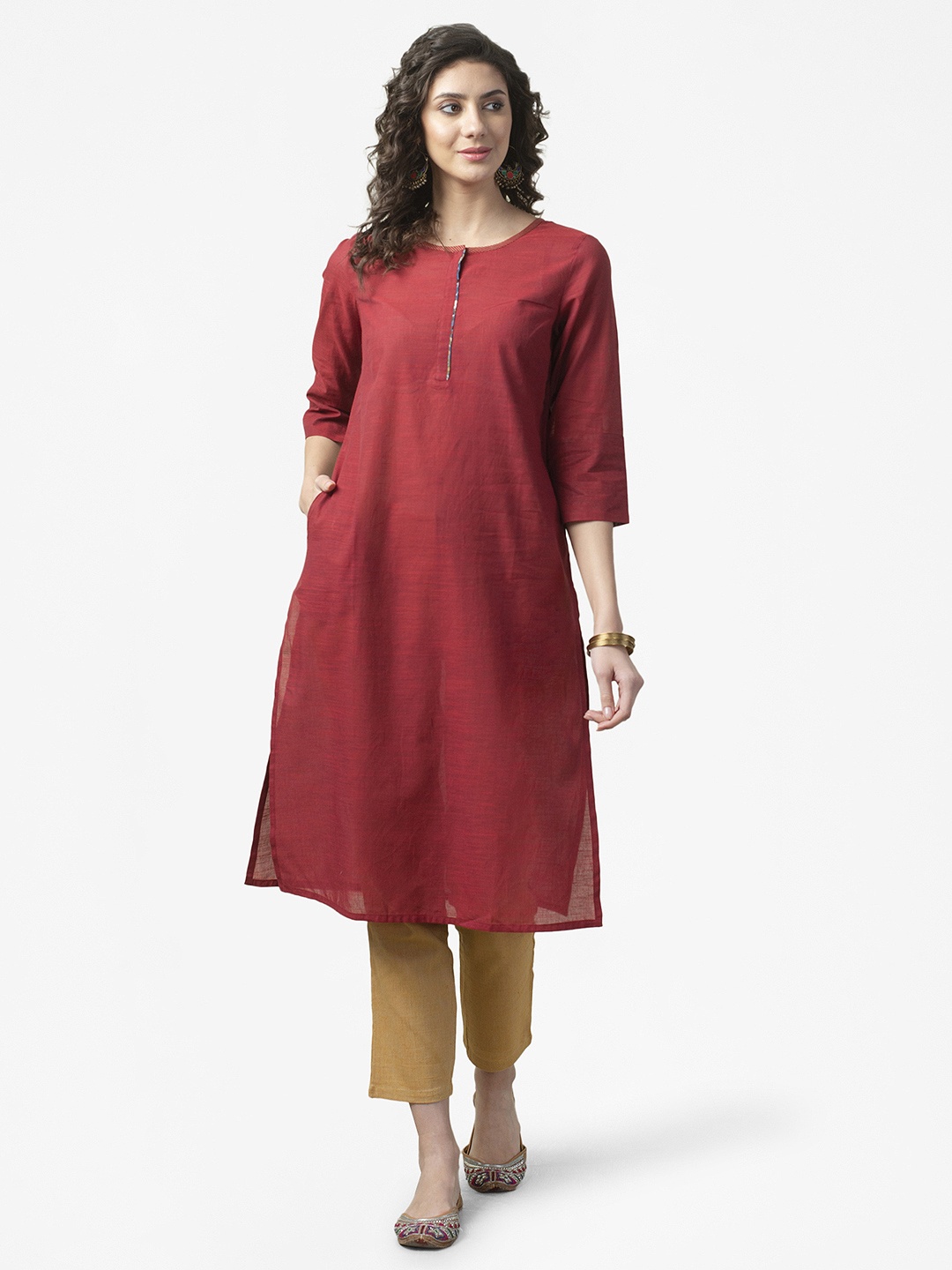

Fabindia Women Maroon Solid Pure Cotton Straight Kurta