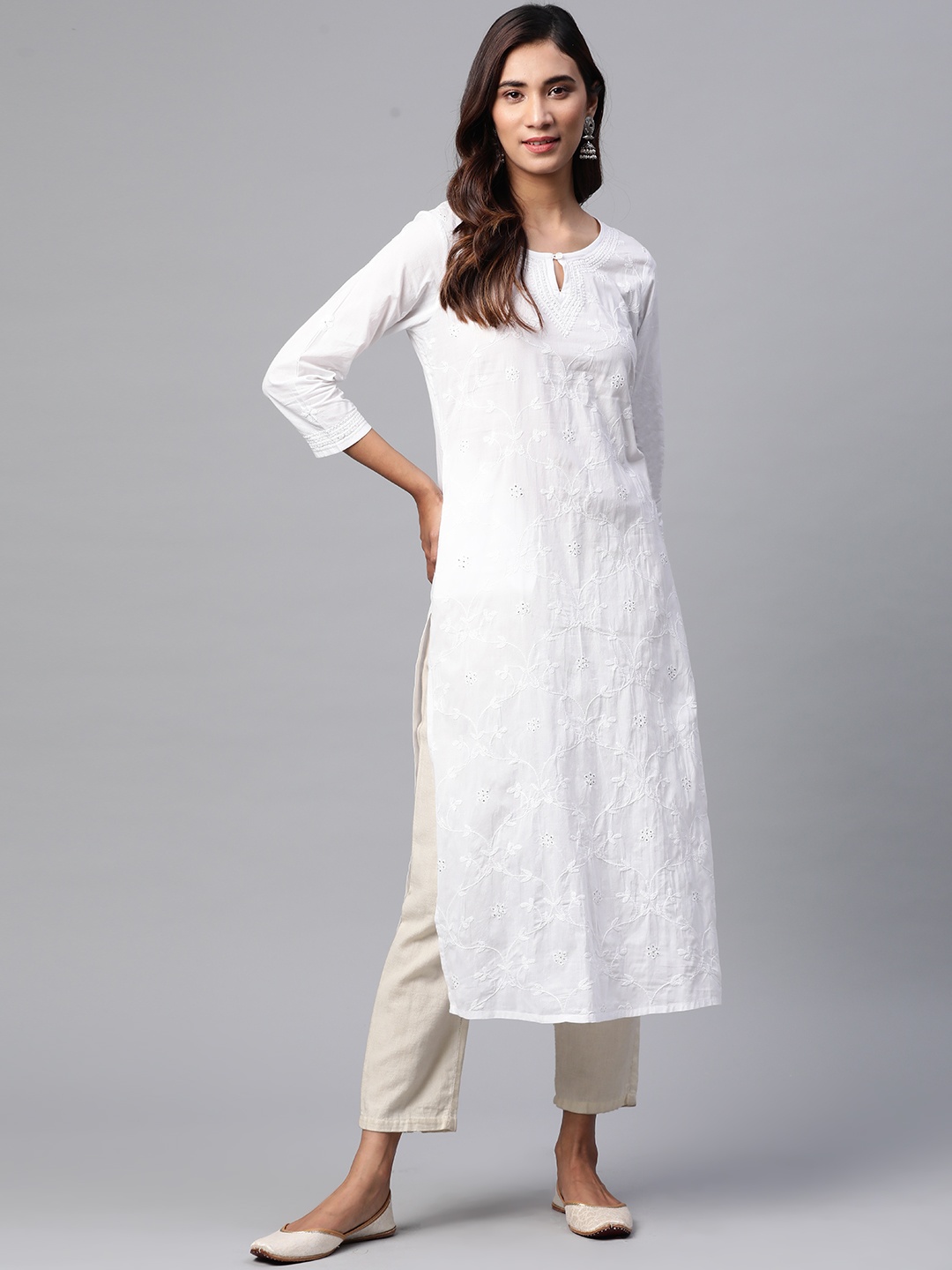 

Fabindia Women White Chikankari Embroidered Pure Cotton Straight Kurta