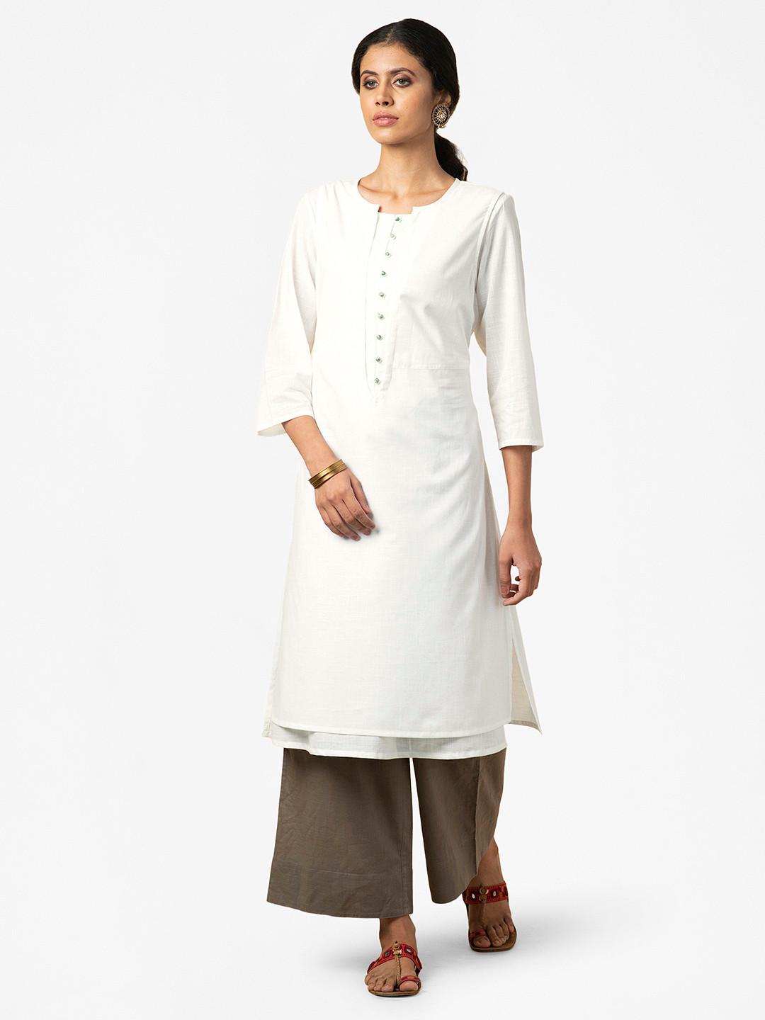 

Fabindia Women White Pure Cotton Solid Layered A-Line Kurta