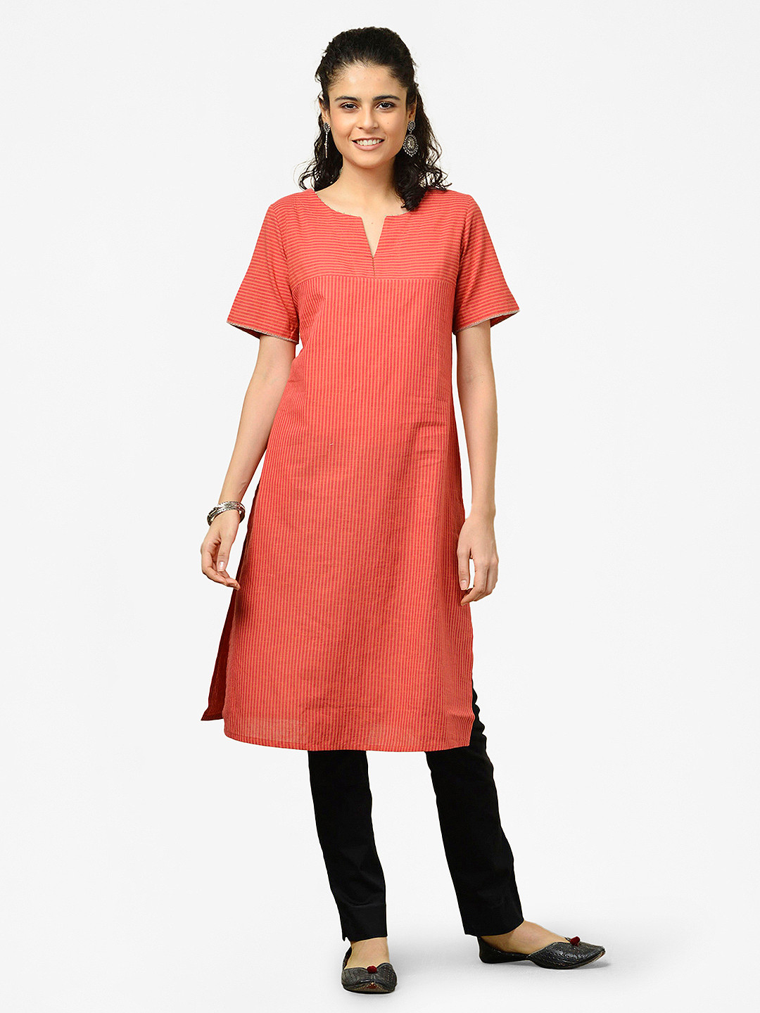

Fabindia Women Coral Orange & Pink Pure Cotton Striped Straight Kurta