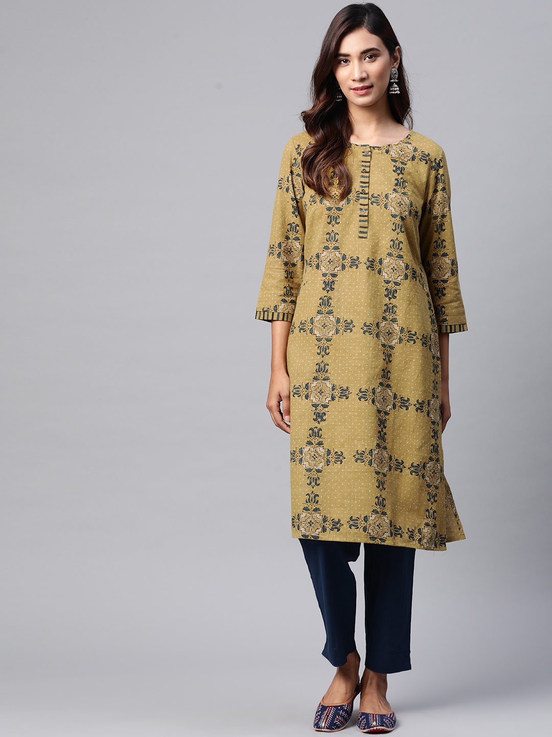 

Fabindia Women Mustard Yellow & Blue Block Print Pure Cotton Straight Kurta