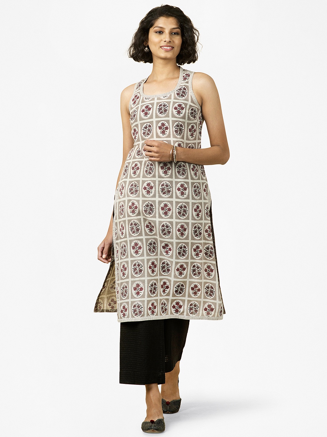 

Fabindia Women Taupe & Maroon Pure Cotton Printed Straight Kurta