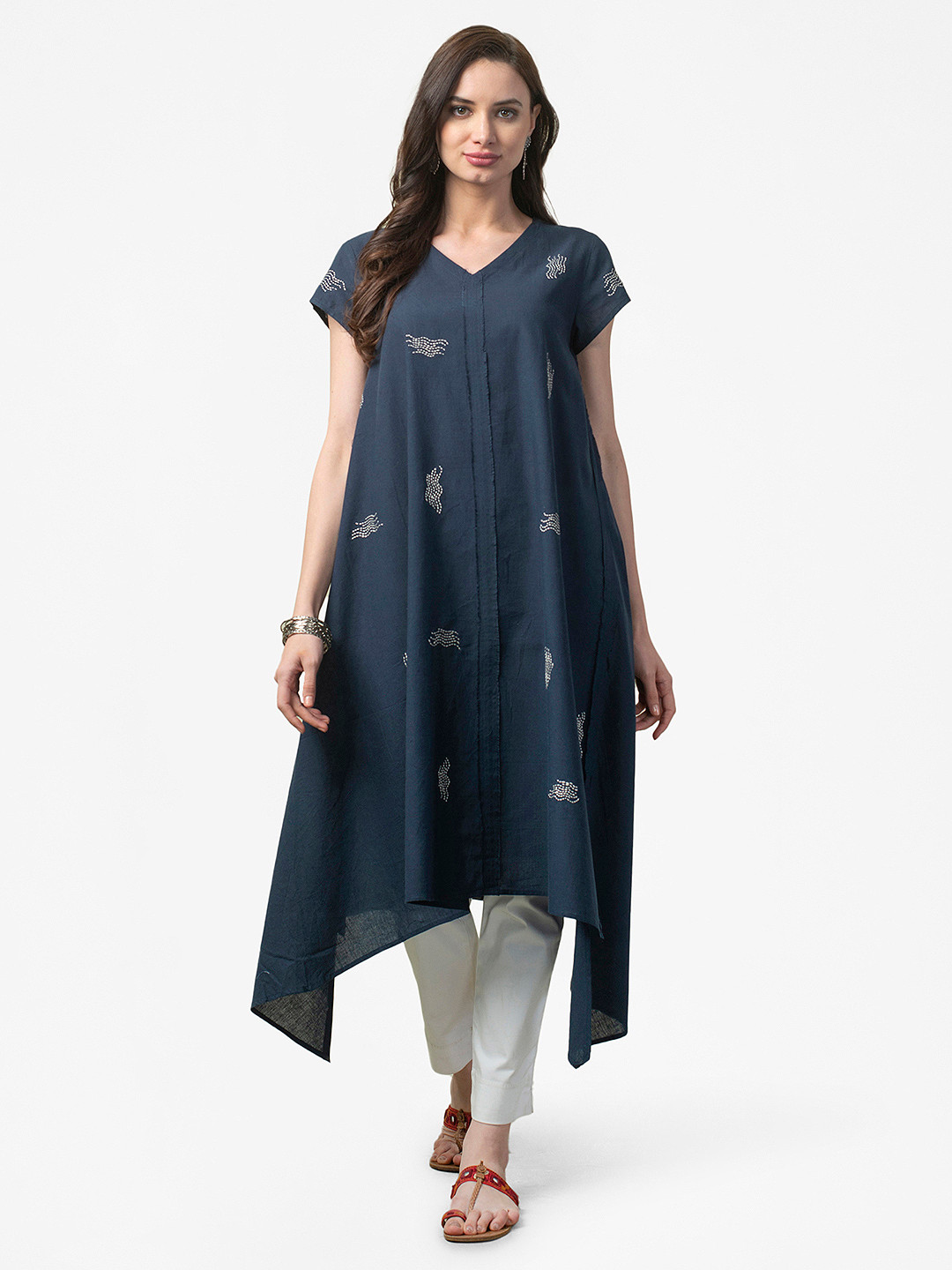 

Fabindia Women Navy Blue & White Pure Cotton Hand Embroidered Asymmetric A-Line Kurta