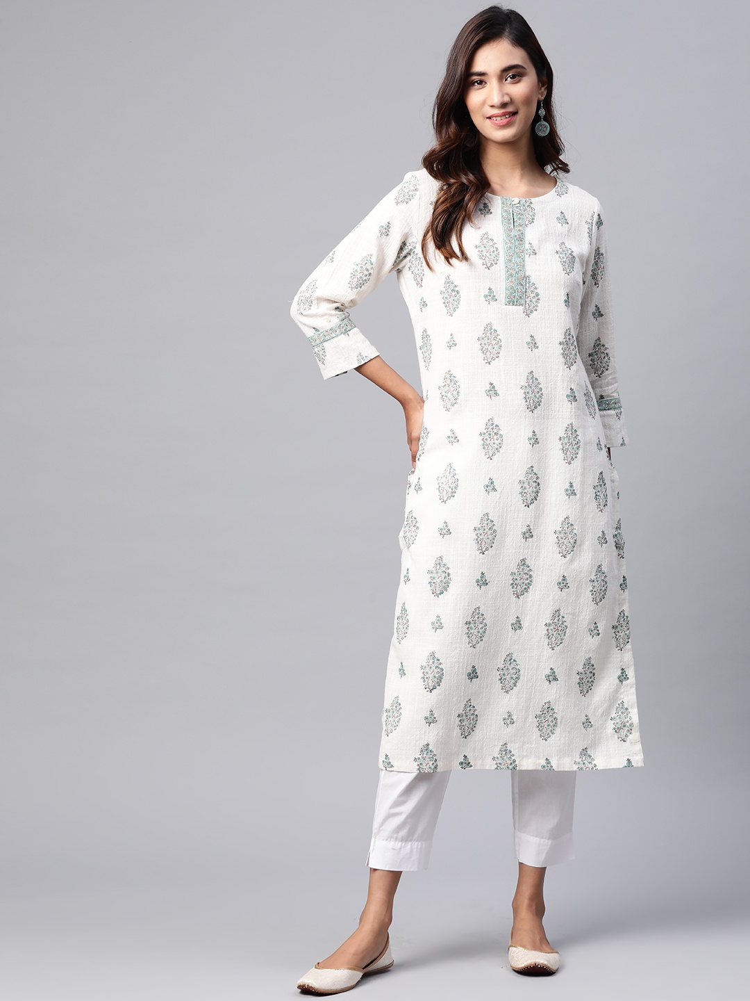 

Fabindia Women Off-White & Blue Block Print Pure Cotton Straight Kurta