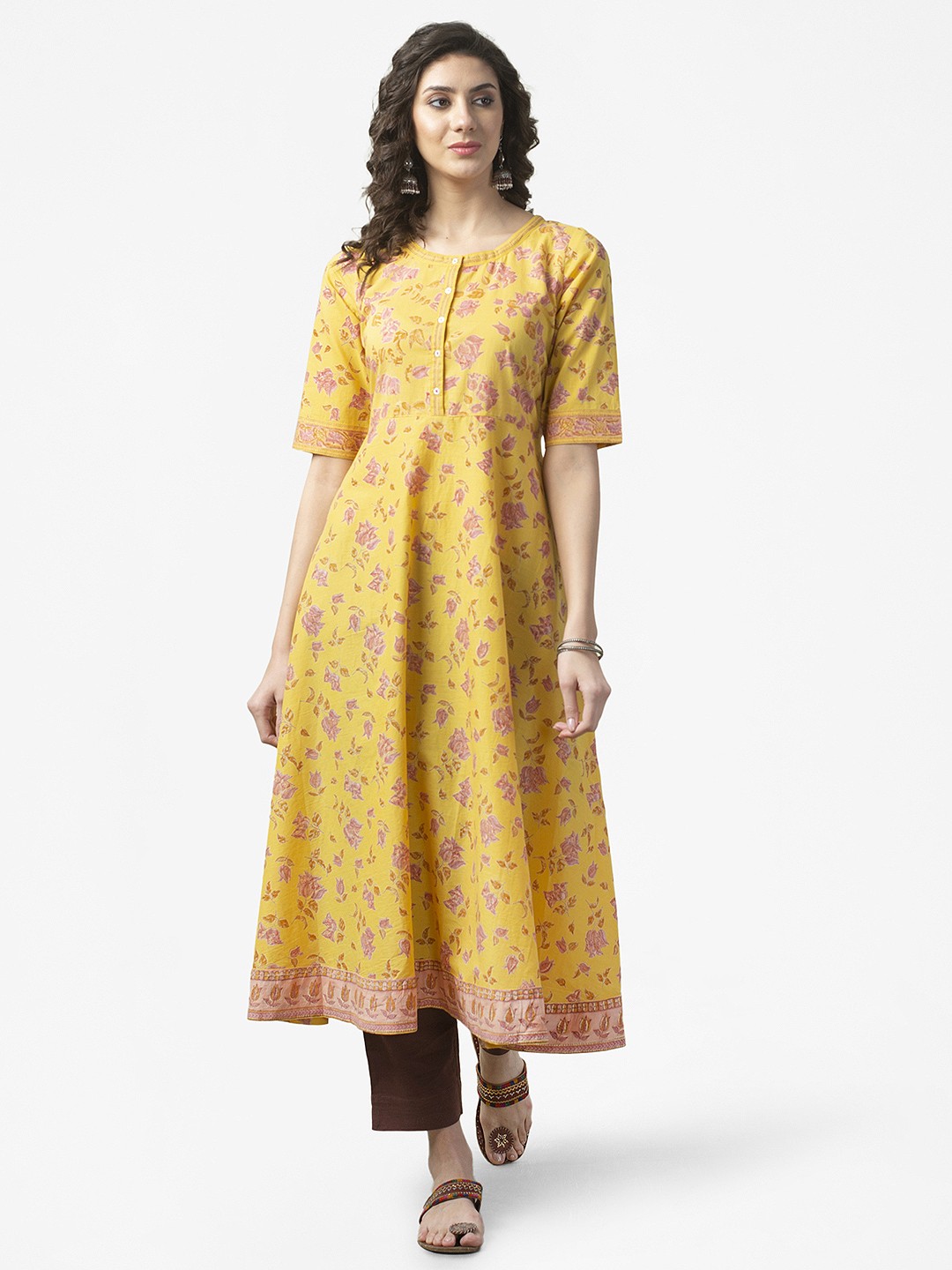 

Fabindia Women Mustard Yellow & Pink Pure Cotton Hand Block Floral Printed Anarkali Kurta