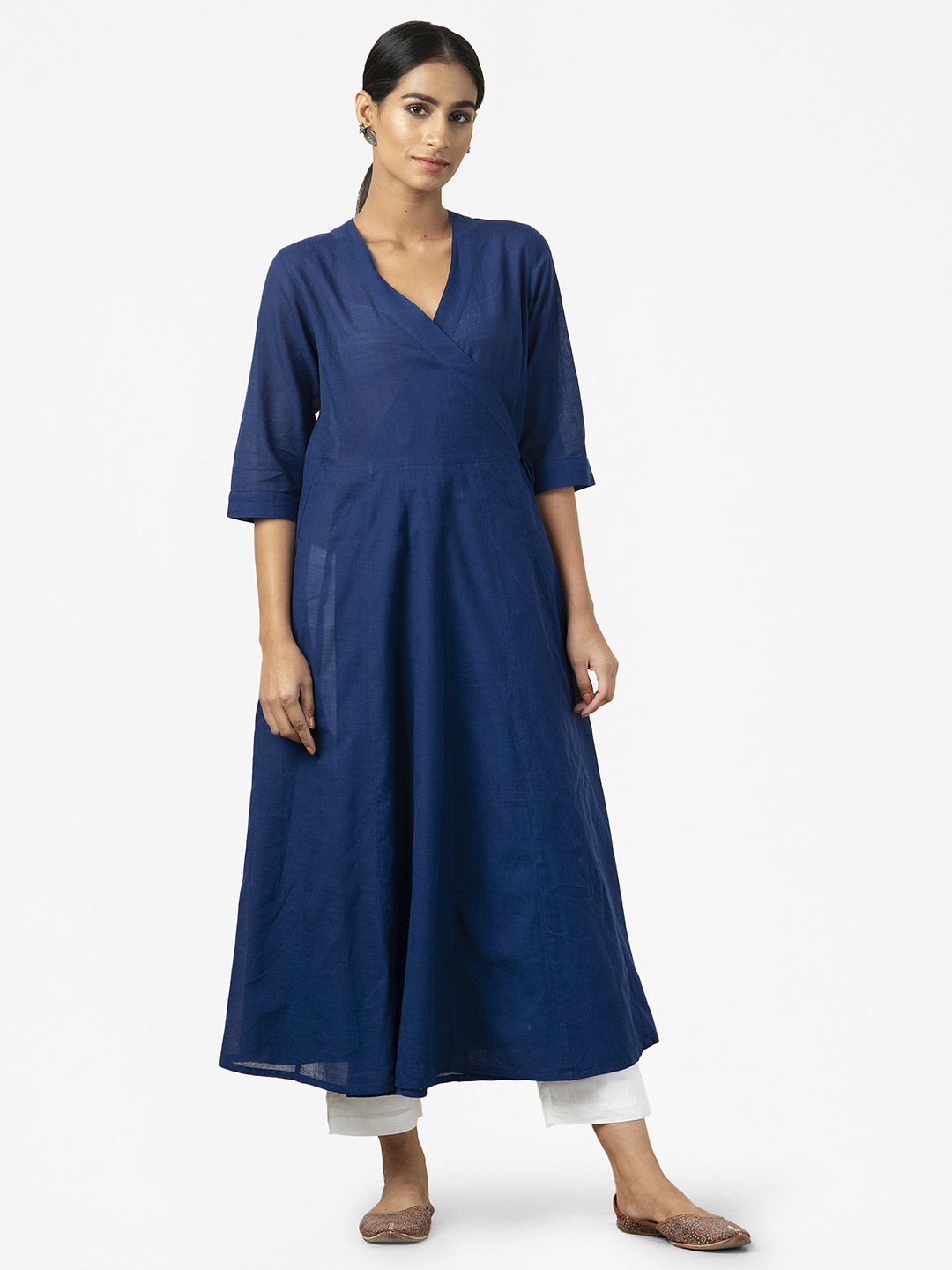 

Fabindia Women Navy Blue Pure Cotton Solid Angrakha Anarkali Kurta