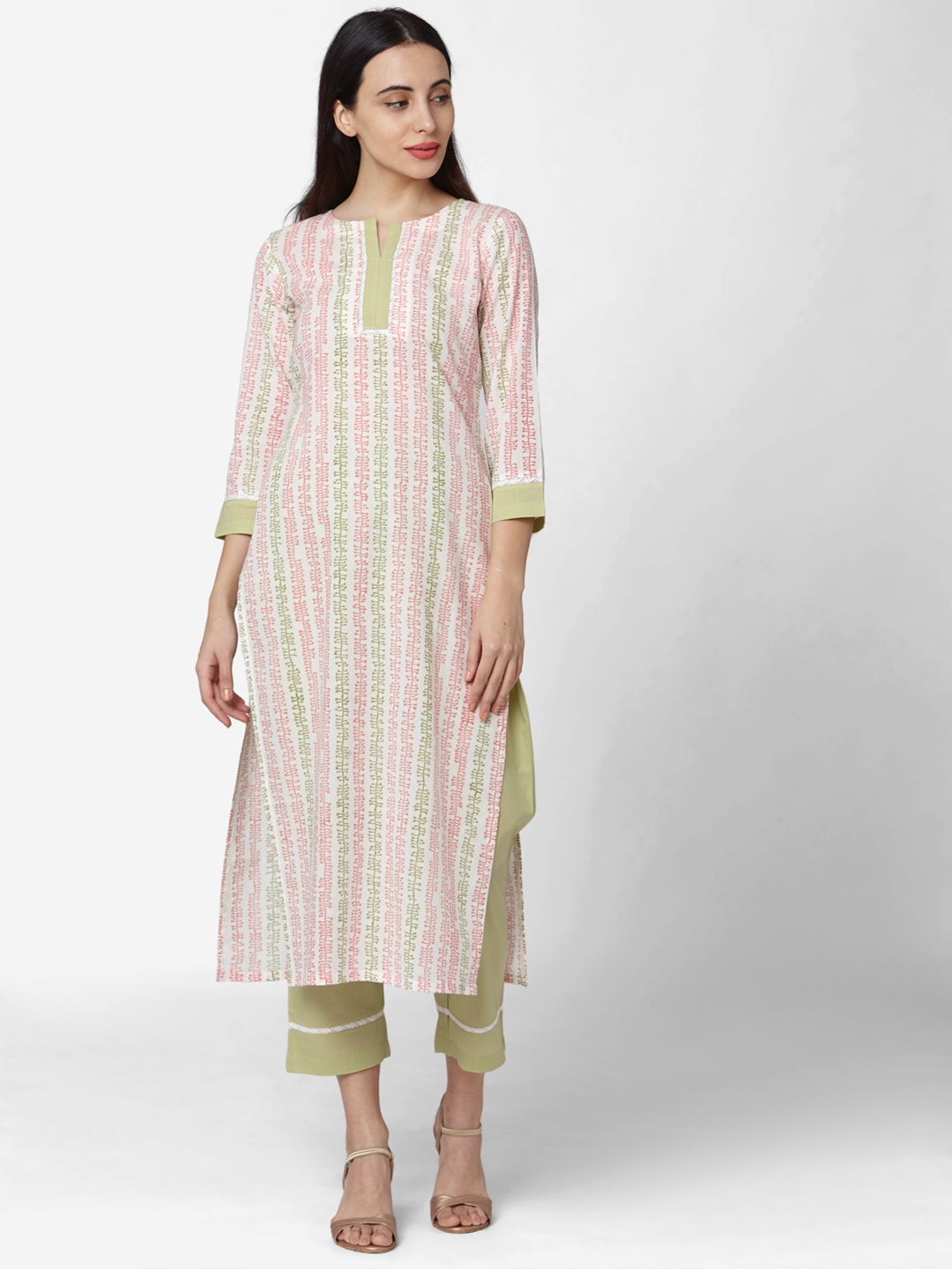 

Saanjh Women White & Green Striped Kurta with Trousers