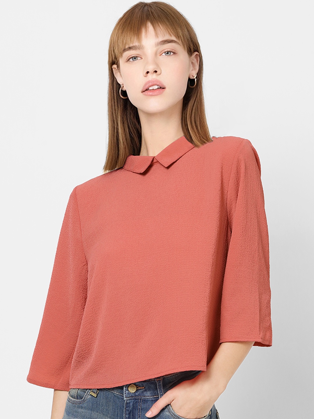 

ONLY Women Pink Solid Peter Pan collar Top