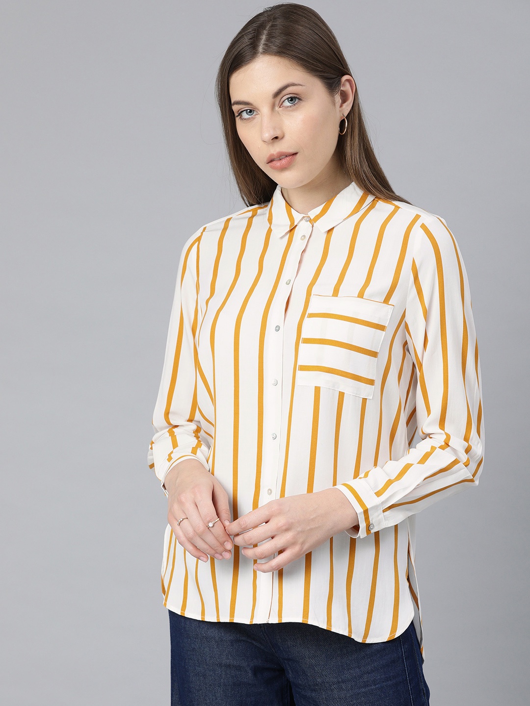 

ONLY Women White & Mustard Yellow Regular Fit Striped Casual Shirt