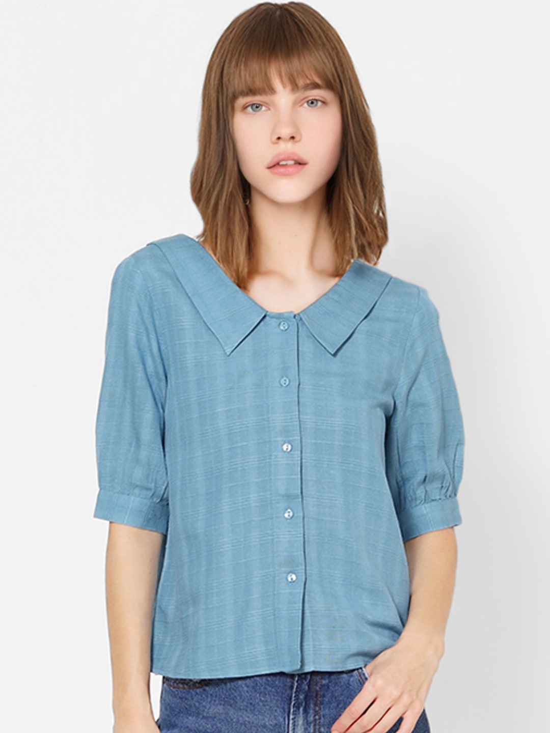 

ONLY Women Blue Checked Gathered Shirt Style Top