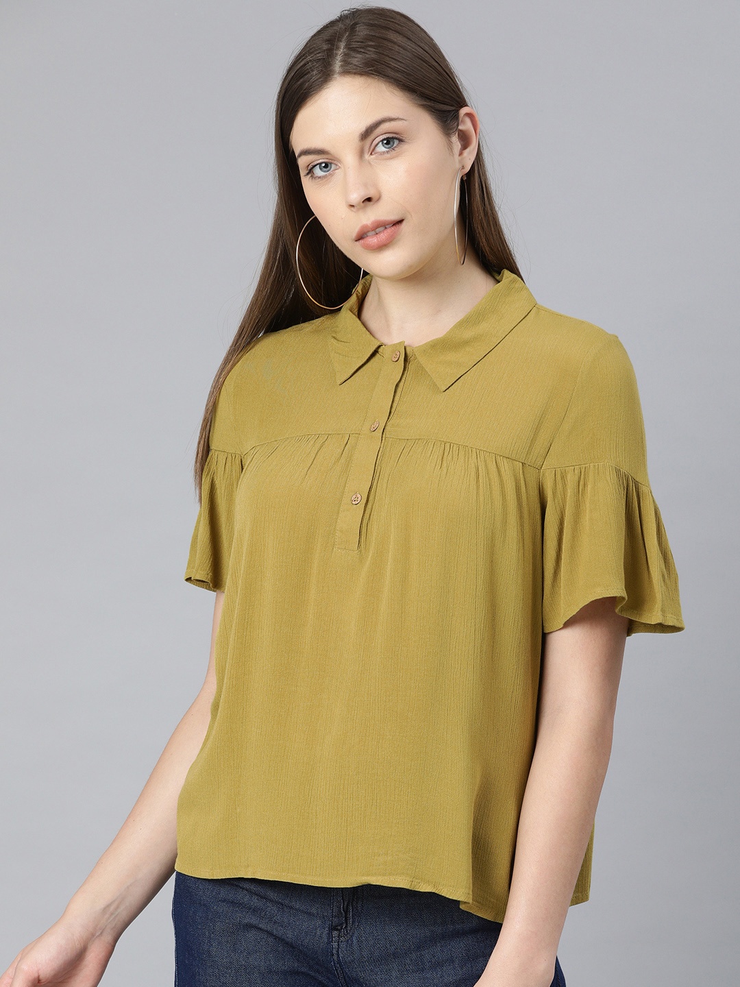

ONLY Women Olive Green Solid Top with Flared Sleeves