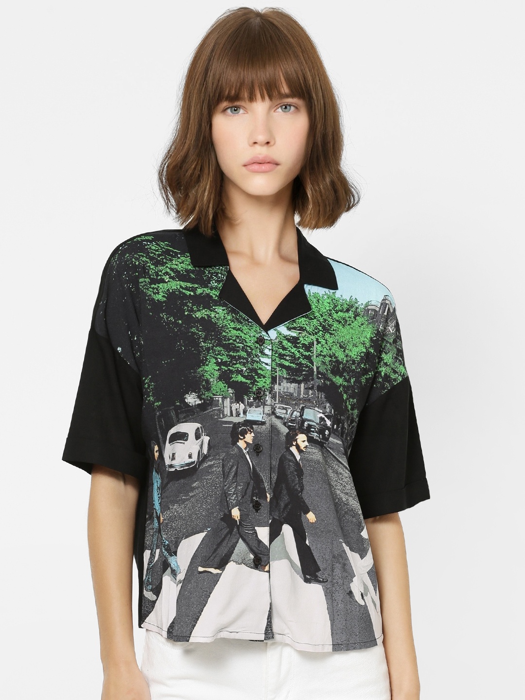 

ONLY Women Black & Green The Beatles Printed Casual Shirt