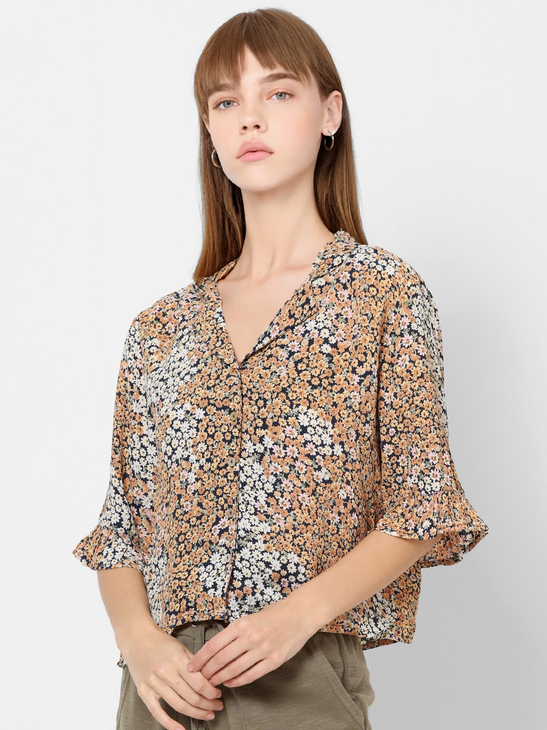 

ONLY Women Brown & Black Regular Fit Printed Casual Shirt