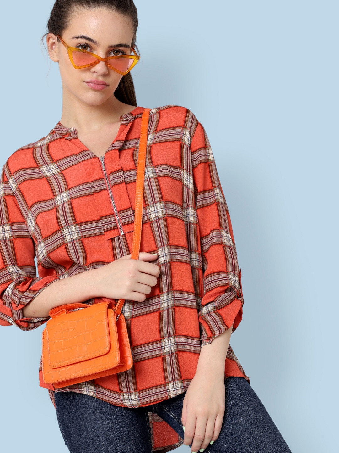 

ONLY Women Orange & Brown Checked Top