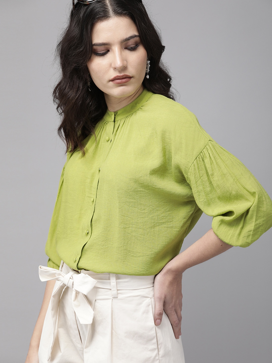 

ONLY Women Lime Green Solid Drop Sleeve Puff Sleeve Casual Shirt