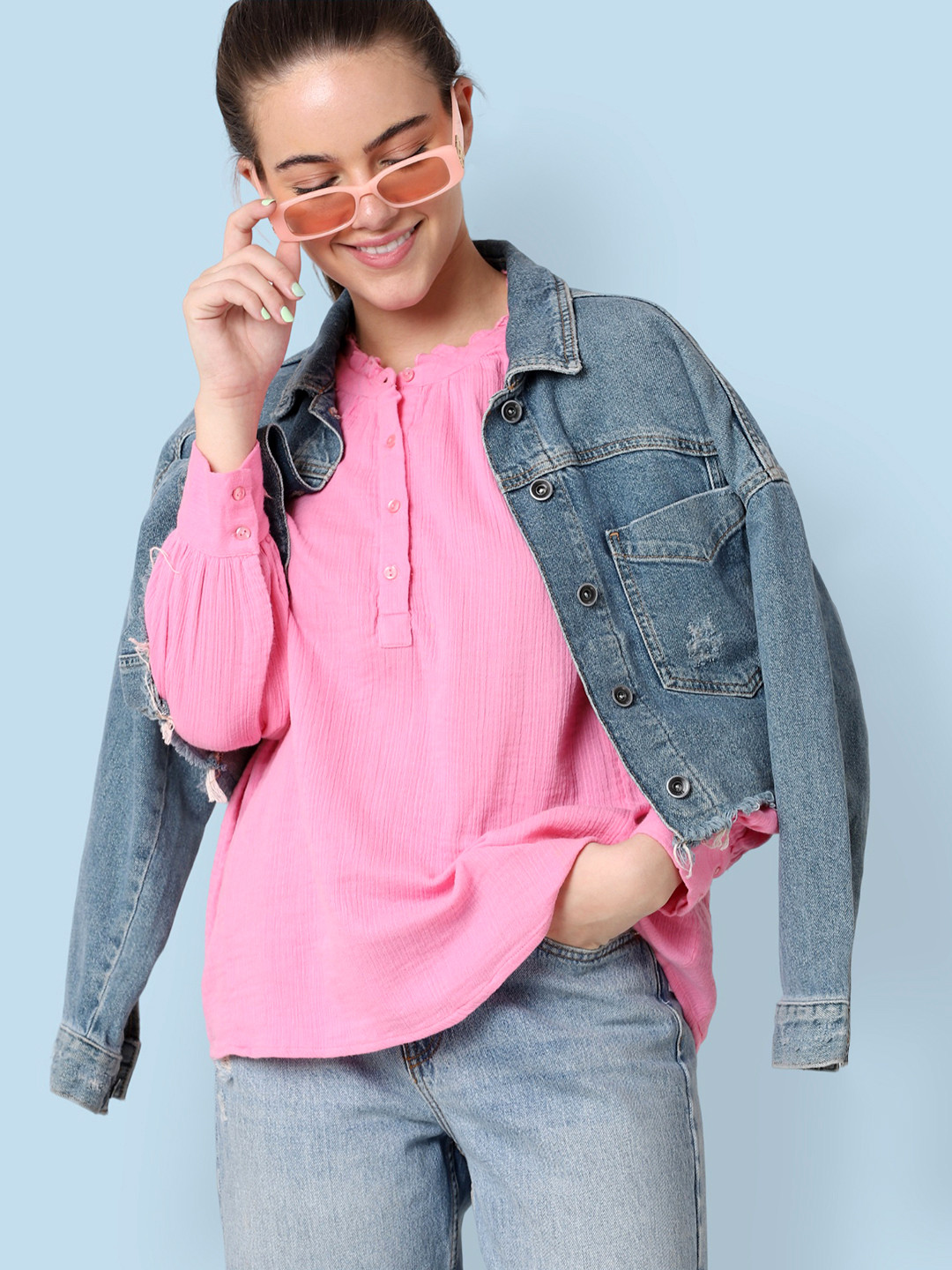 

ONLY Women Pink Solid Top with Gathers