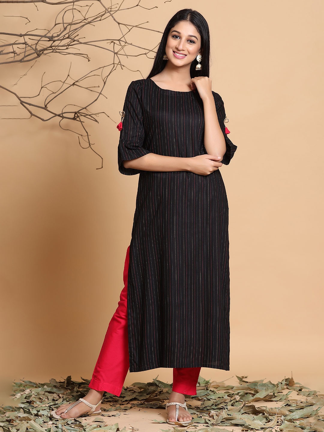 

Juniper Women Black Striped A-Line Kurta