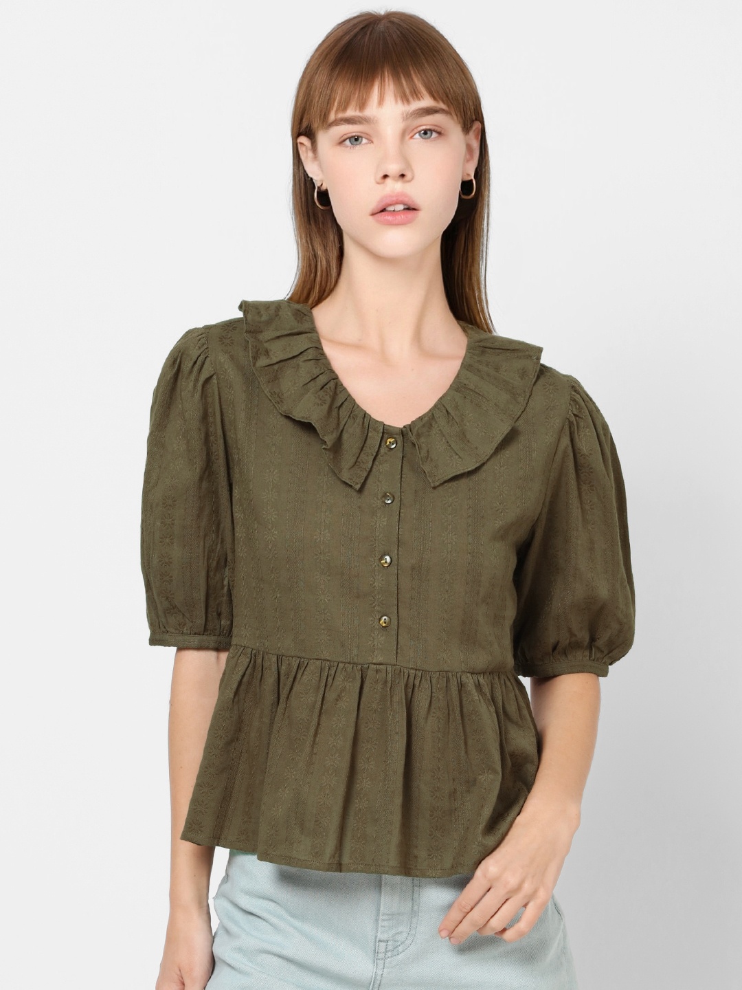 

ONLY Women Olive Green Self Design Ruffled Pleated A-Line Top