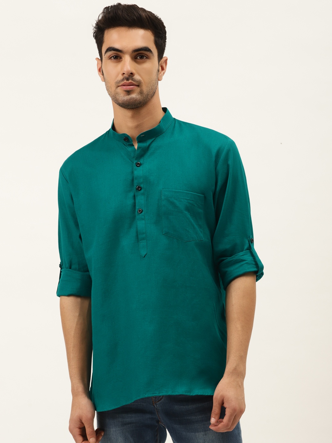 

RAJUBHAI HARGOVINDAS Men Teal Green Solid Straight Kurta