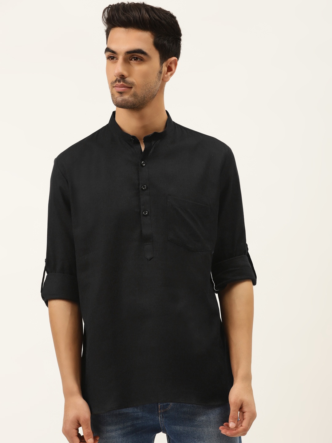 

RAJUBHAI HARGOVINDAS Men Black Solid Straight Kurta