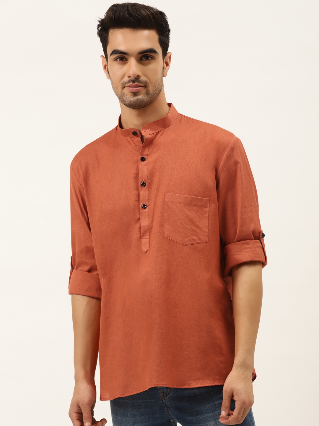 

RAJUBHAI HARGOVINDAS Men Rust Orange Solid Straight Kurta