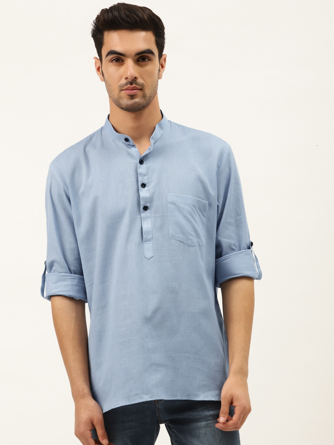 

RAJUBHAI HARGOVINDAS Men Blue Solid Straight Kurta