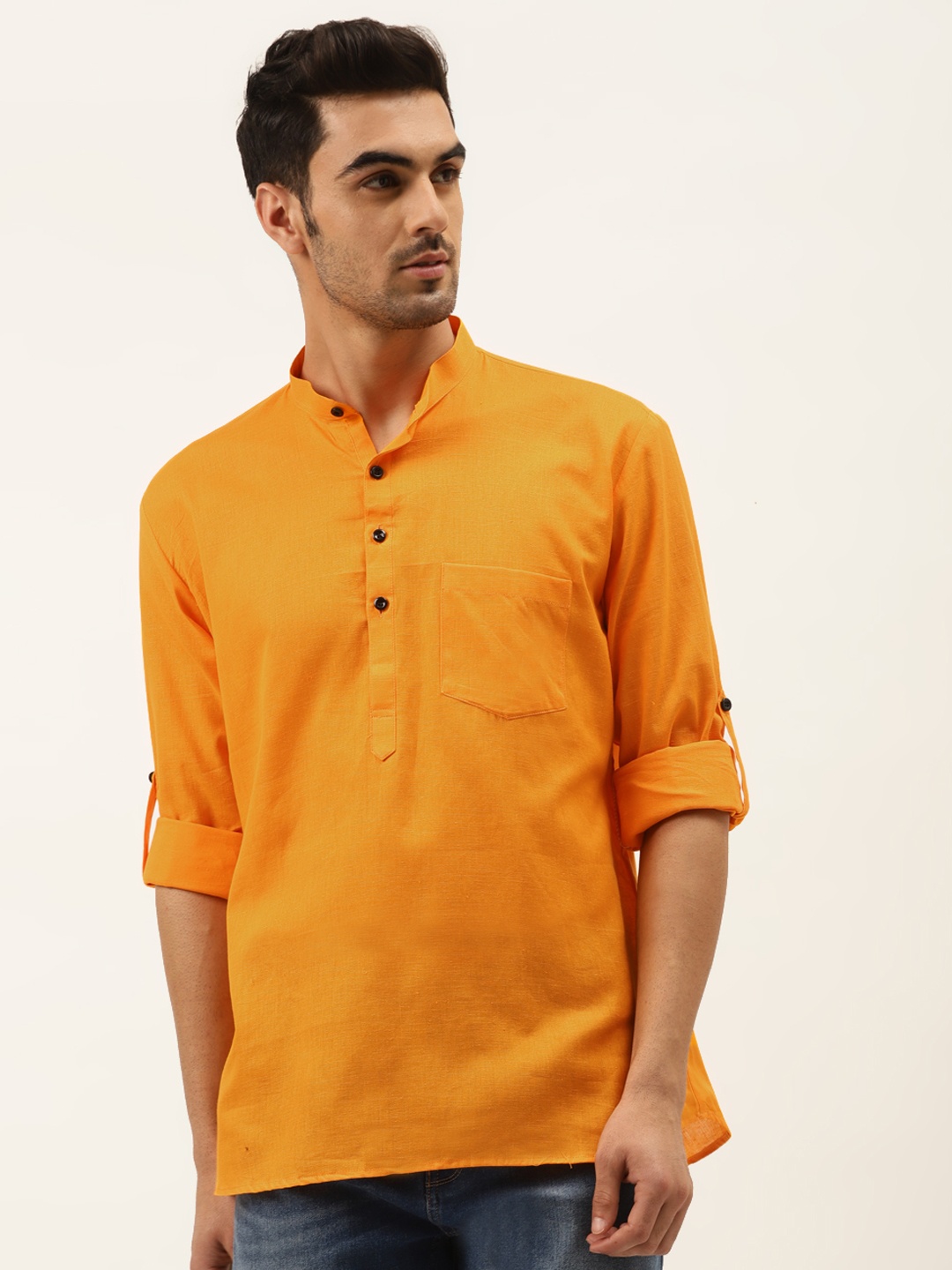

RAJUBHAI HARGOVINDAS Men Mustard Yellow Solid Straight Kurta