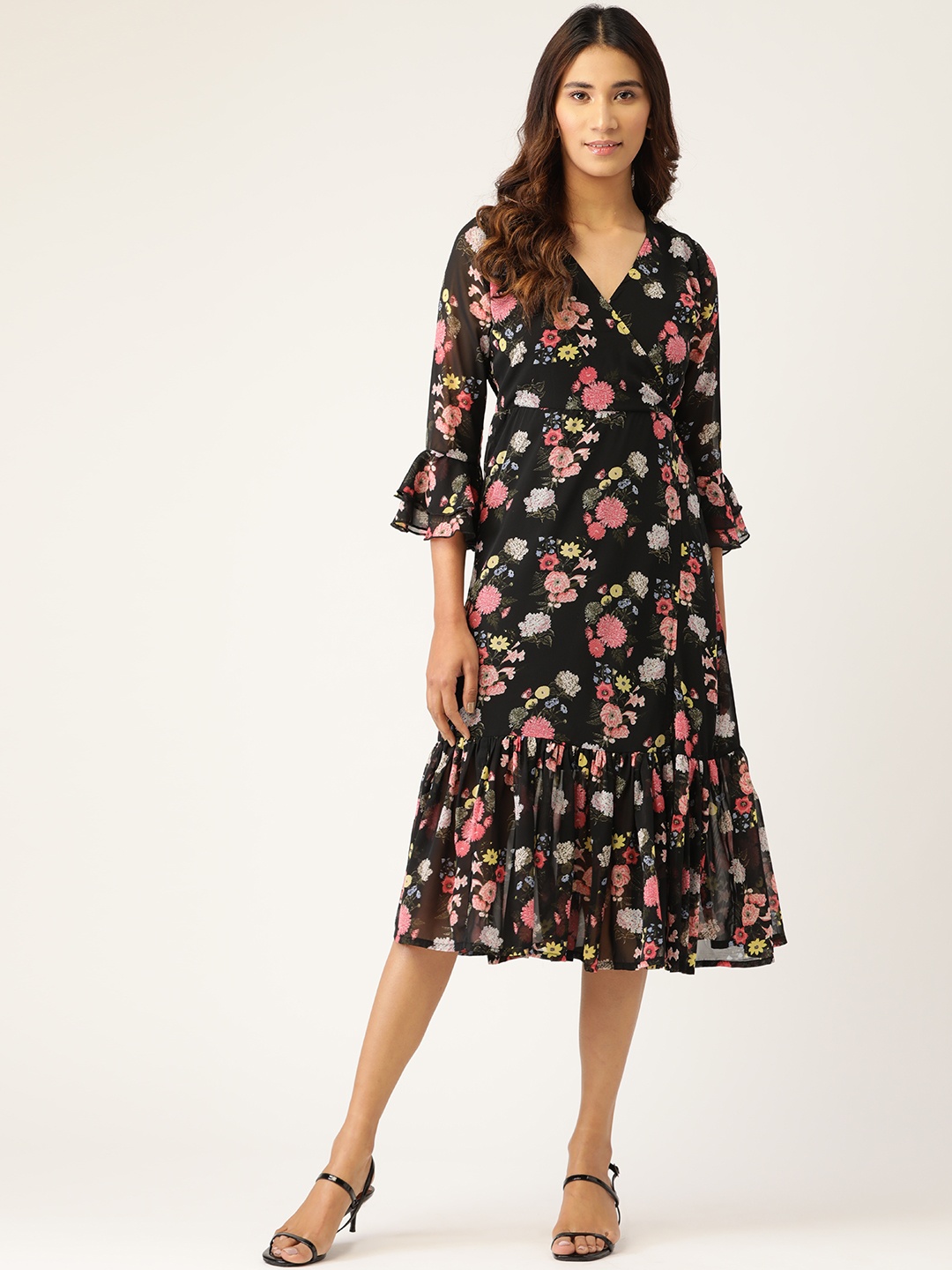 

WISSTLER Women Black & Pink Floral Print Wrap Dress
