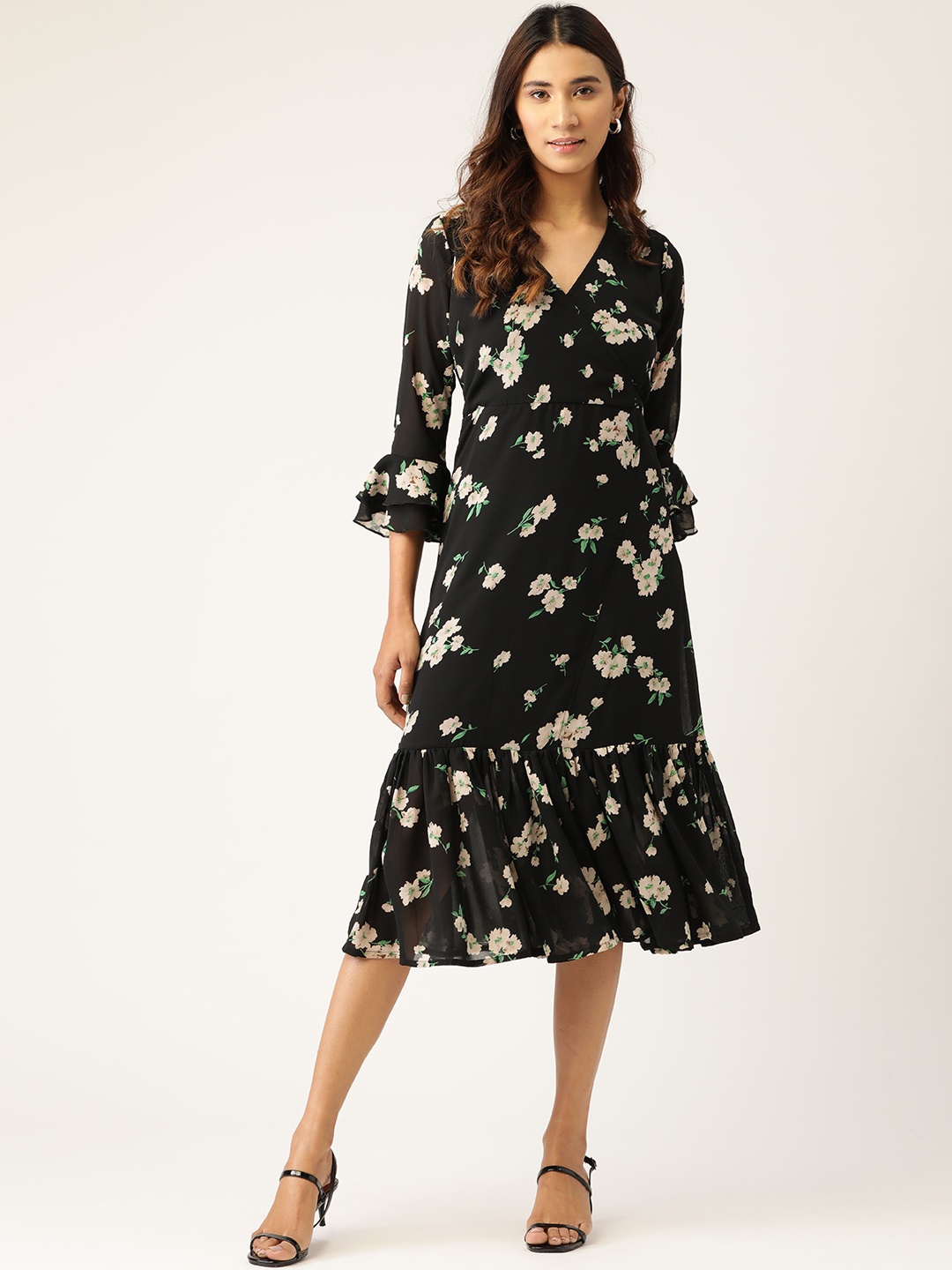 

WISSTLER Women Black & Off-White Floral Print Wrap Dress