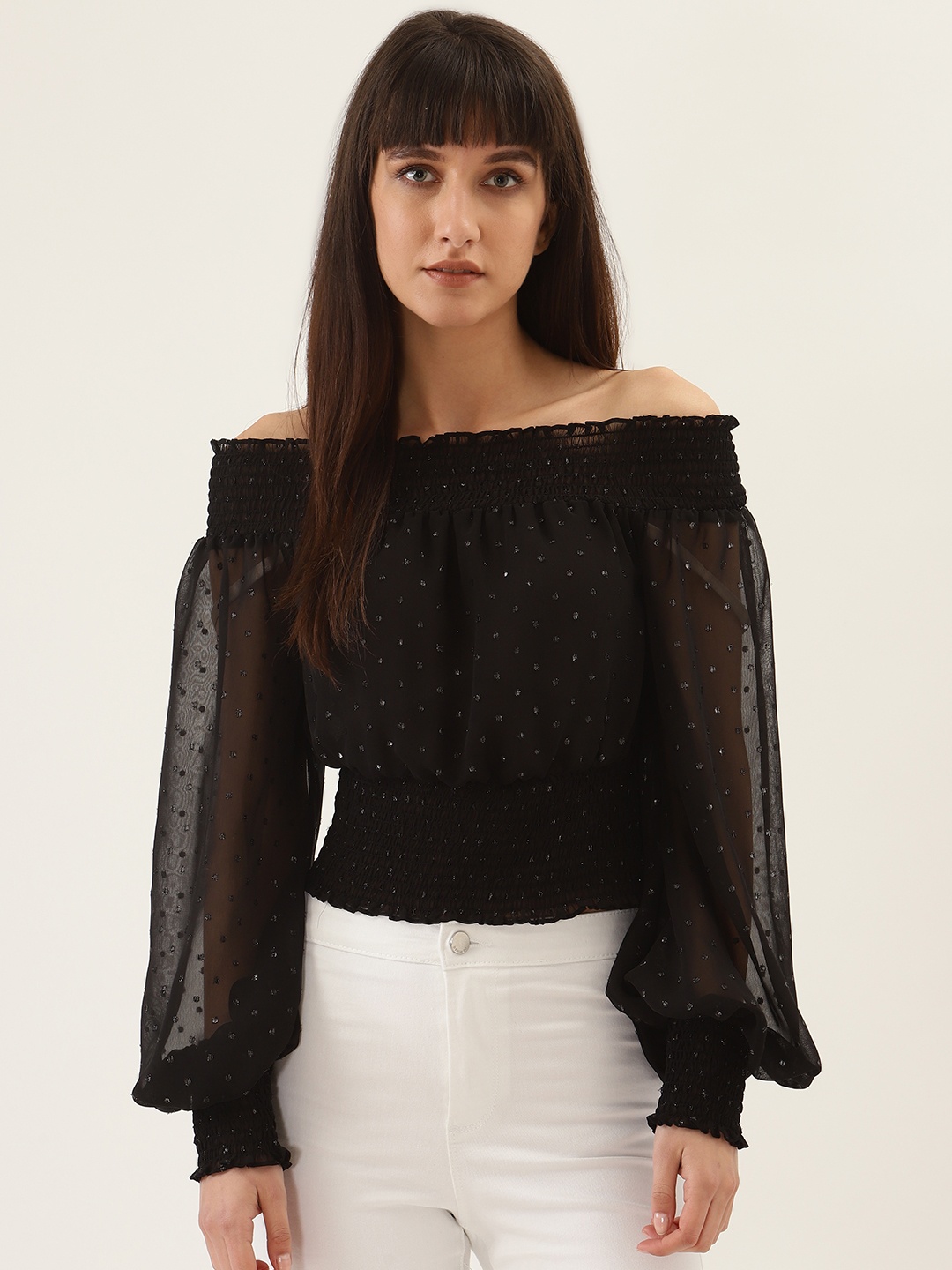 

QUIERO Women Black Self Design Bardot Top