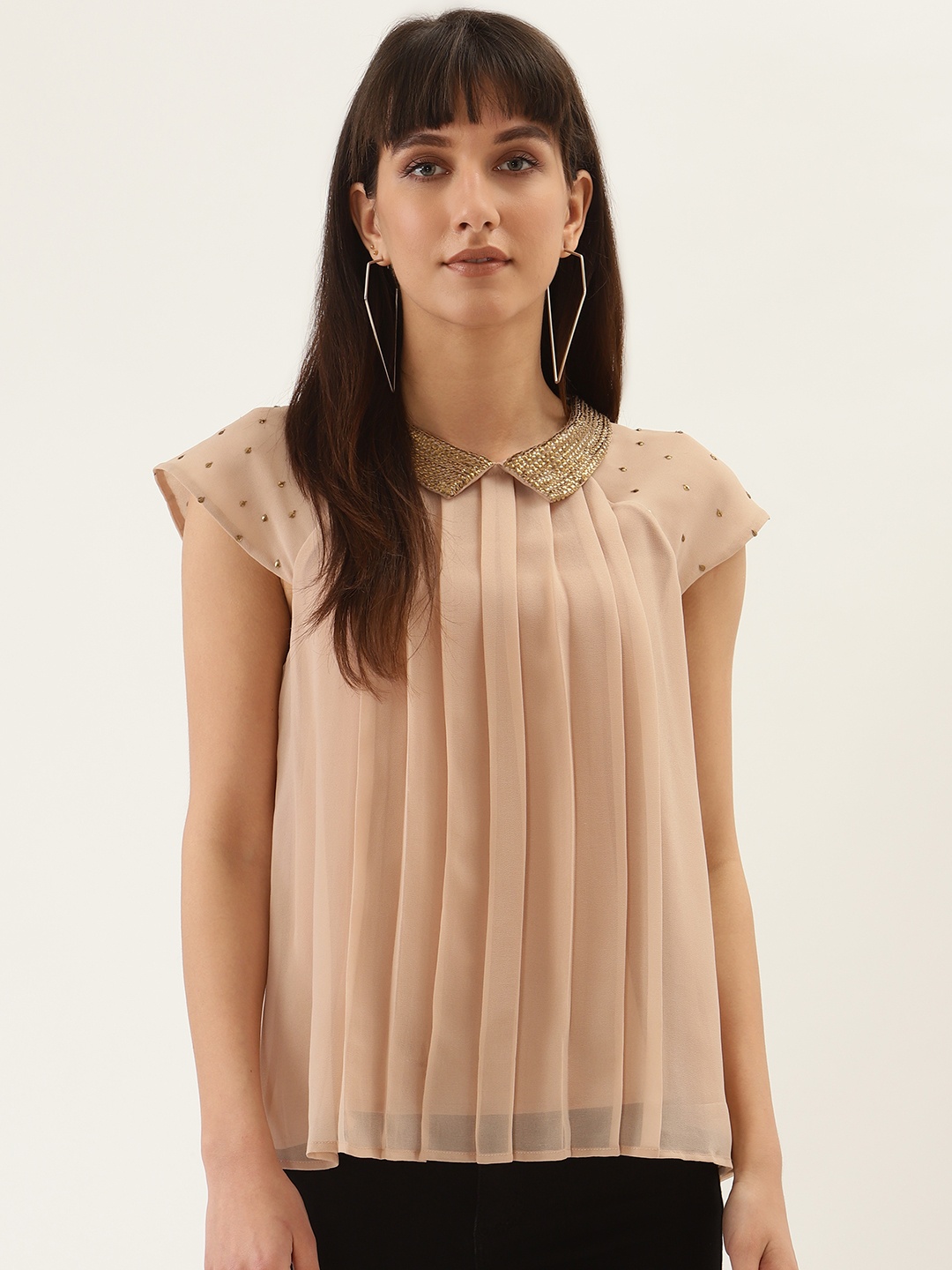 

QUIERO Women Beige Solid Accordion Pleated Top with Embellished Detail