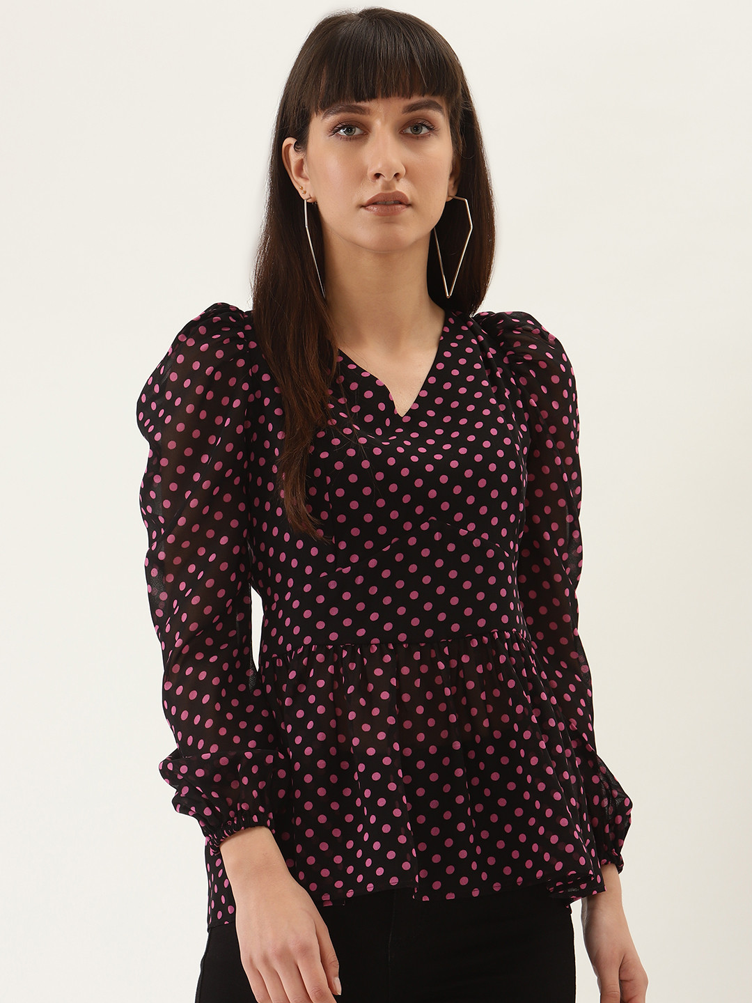 

QUIERO Women Black & Pink Polka Printed Peplum Top