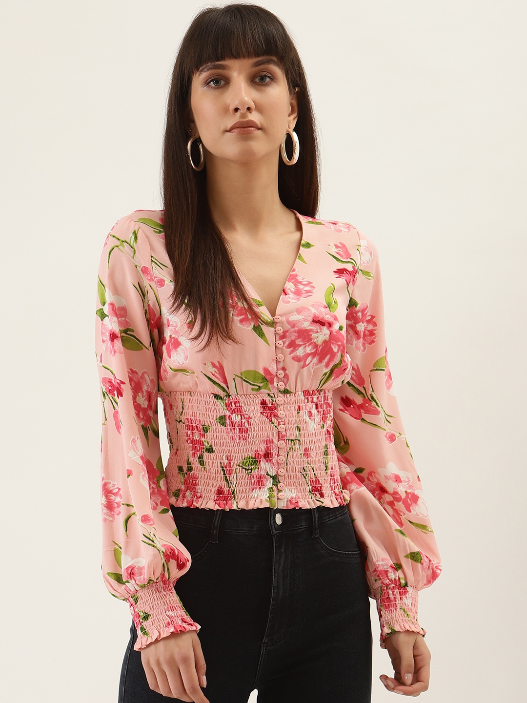 

QUIERO Pink & Green Floral Printed Fitted Top