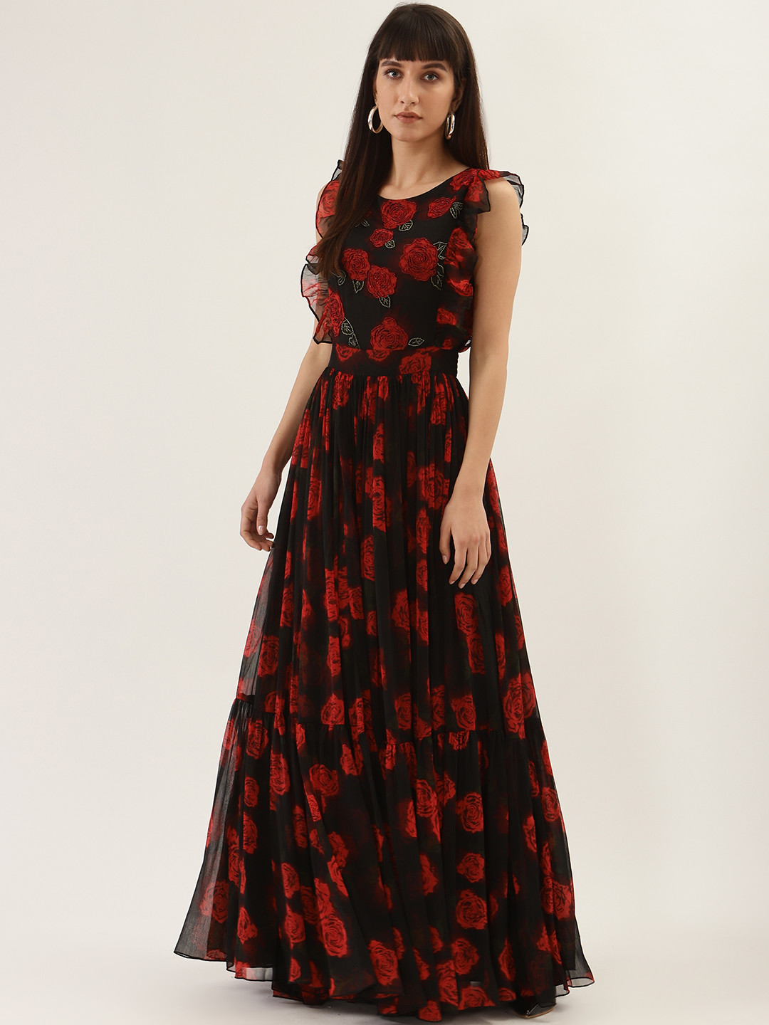 

QUIERO Women Black & Red Floral Printed Maxi Dress