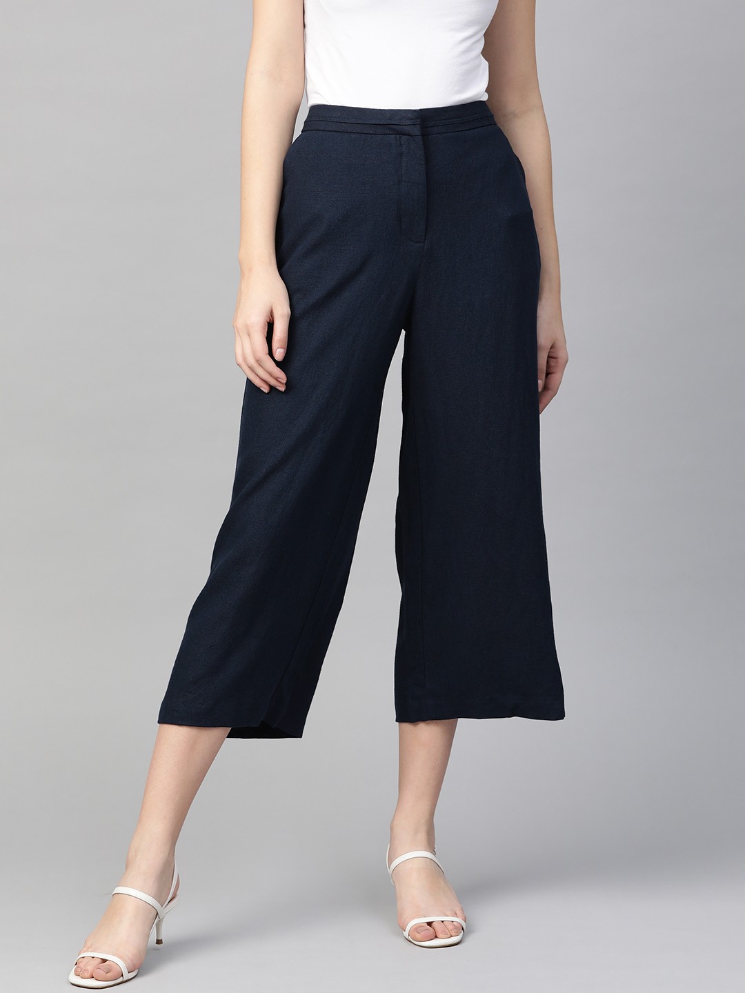 

Marks & Spencer Women Navy Blue Regular Fit 3/4th Length Solid Parallel Trousers