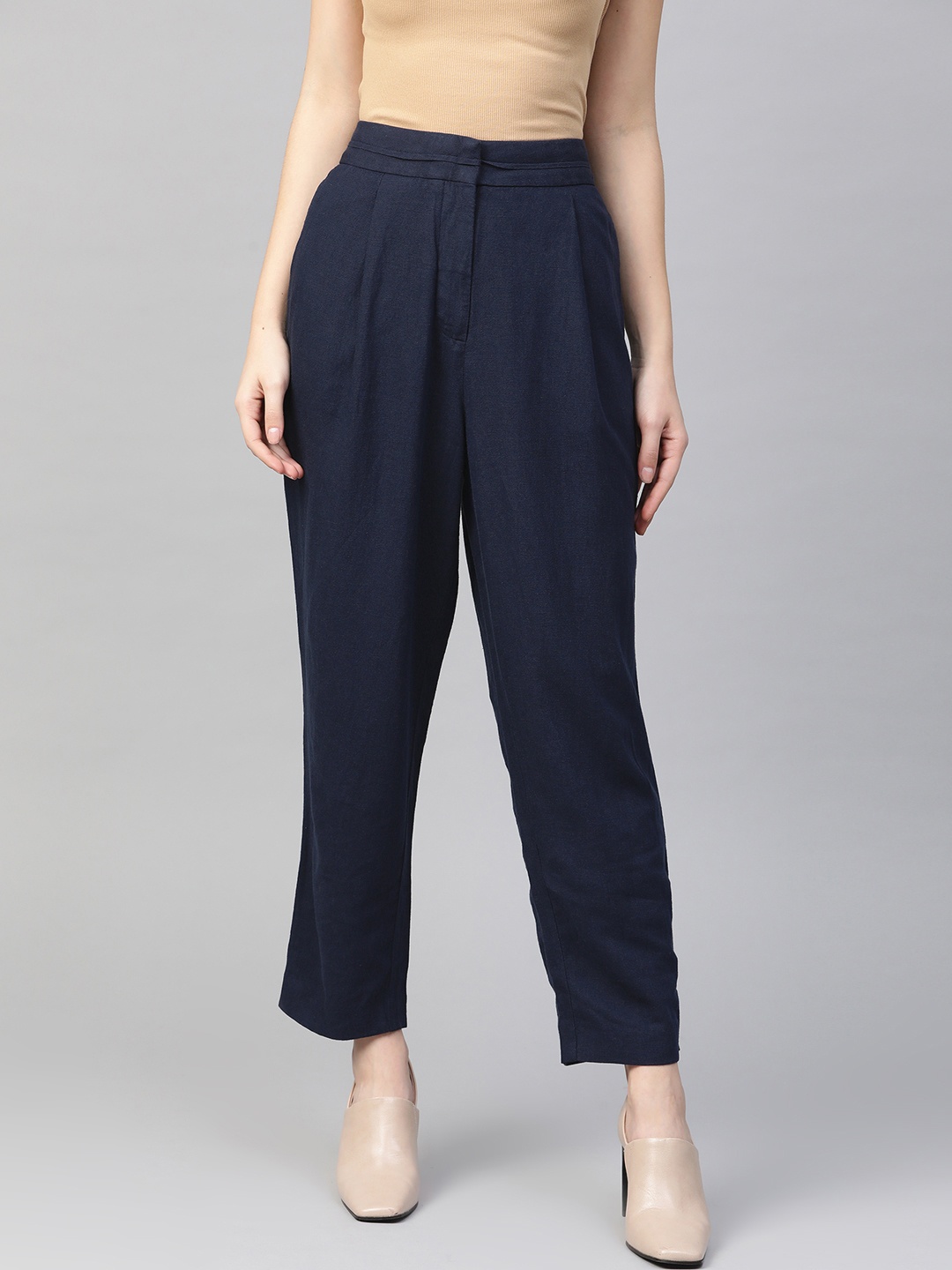

Marks & Spencer Women Navy Blue Tapered Fit Solid Regular Trousers