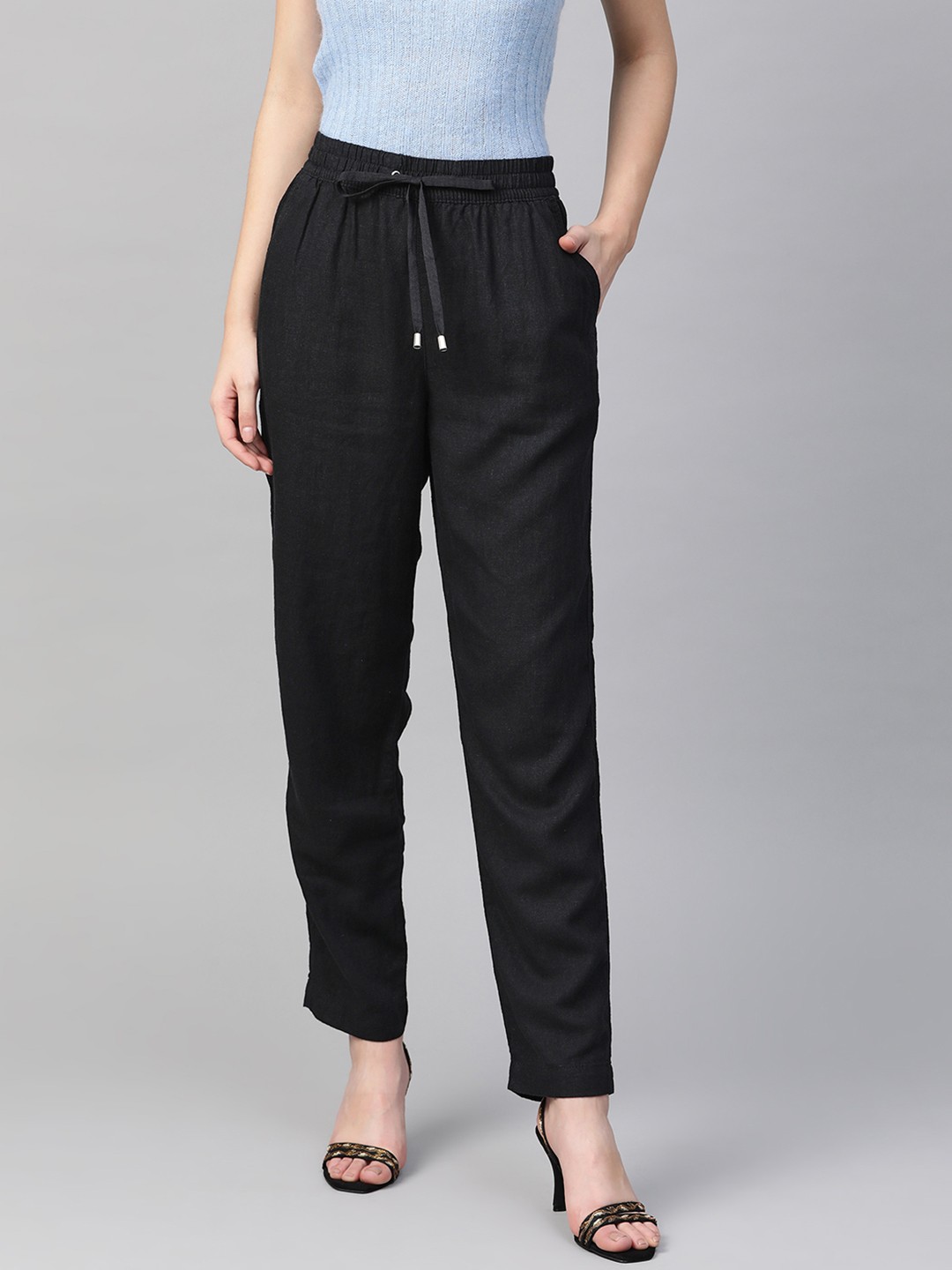 

Marks & Spencer Women Black Tapered Fit Wrinkle Free Solid Regular Trousers