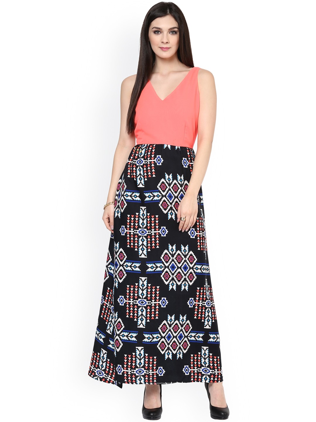 

Zima Leto Black & Pink Printed Maxi Dress
