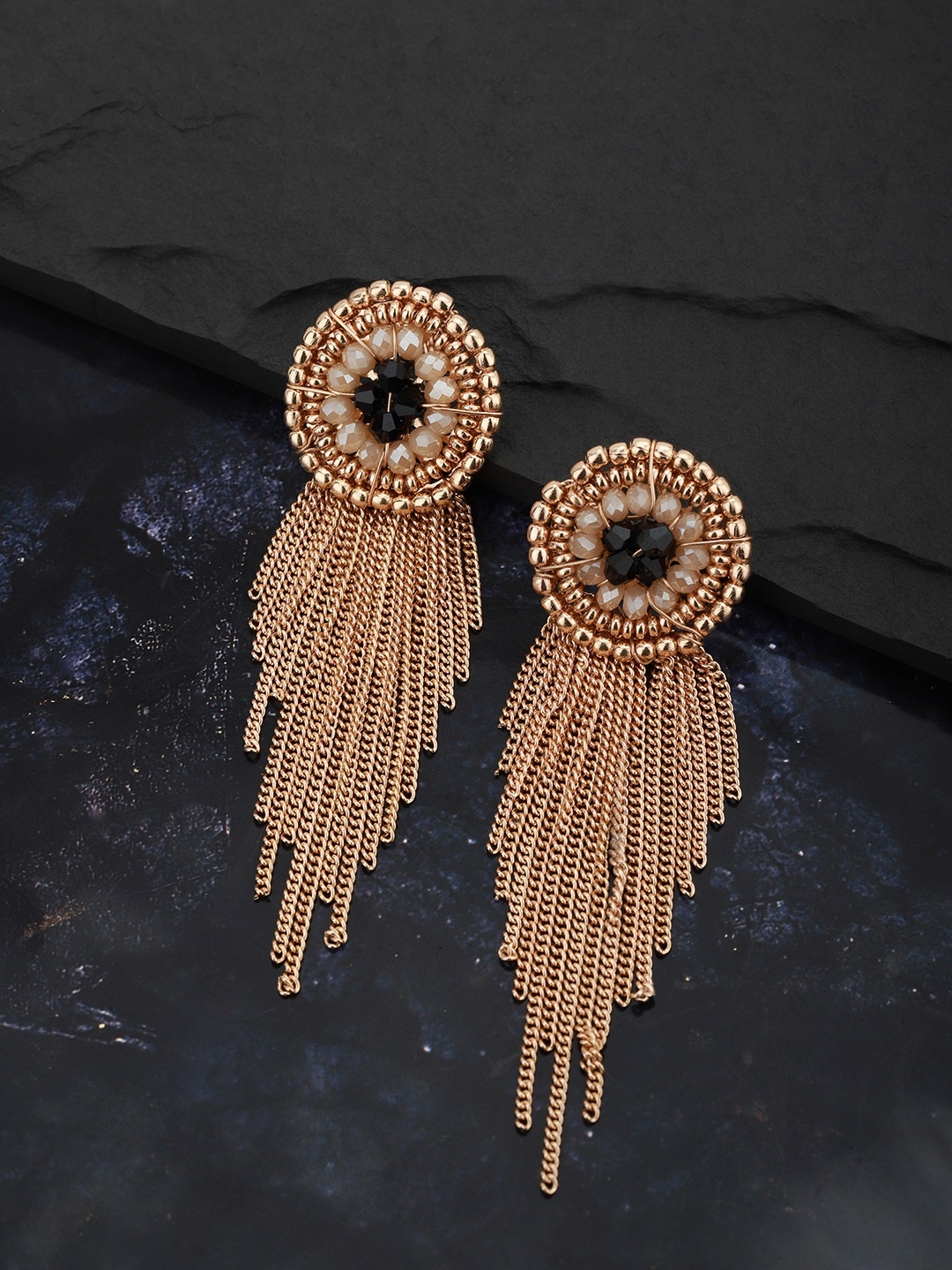 

Carlton London Black Gold-Plated Beaded & Tasselled Circular Drop Earrings