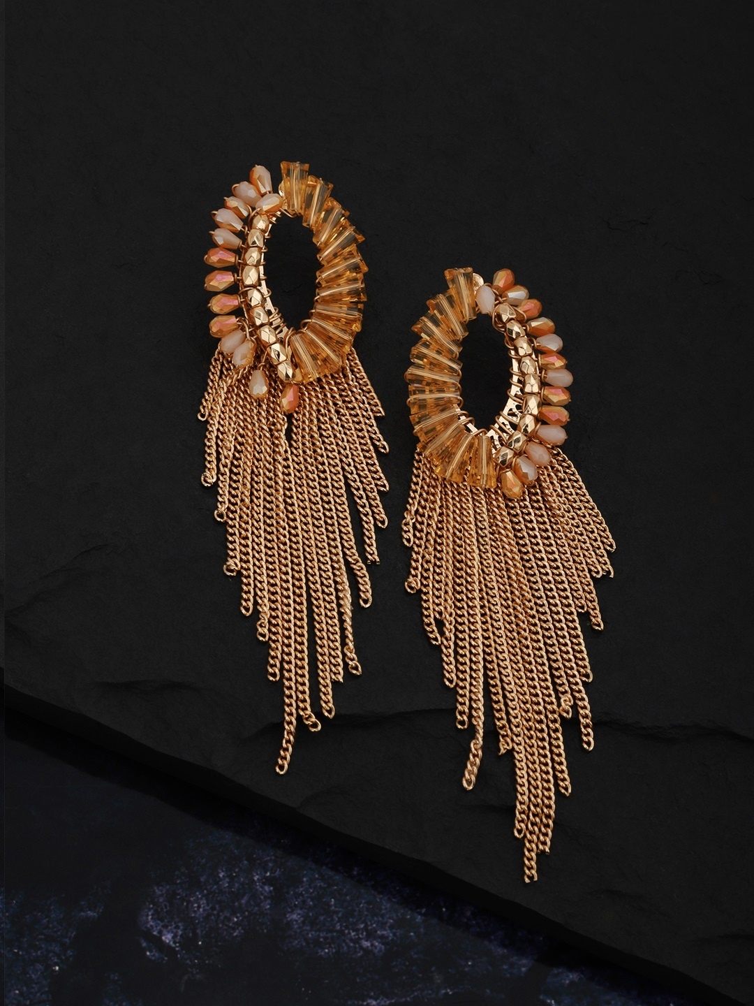

Carlton London Peach-Coloured Gold-Plated Stone-Studded Contemporary Drop Earrings